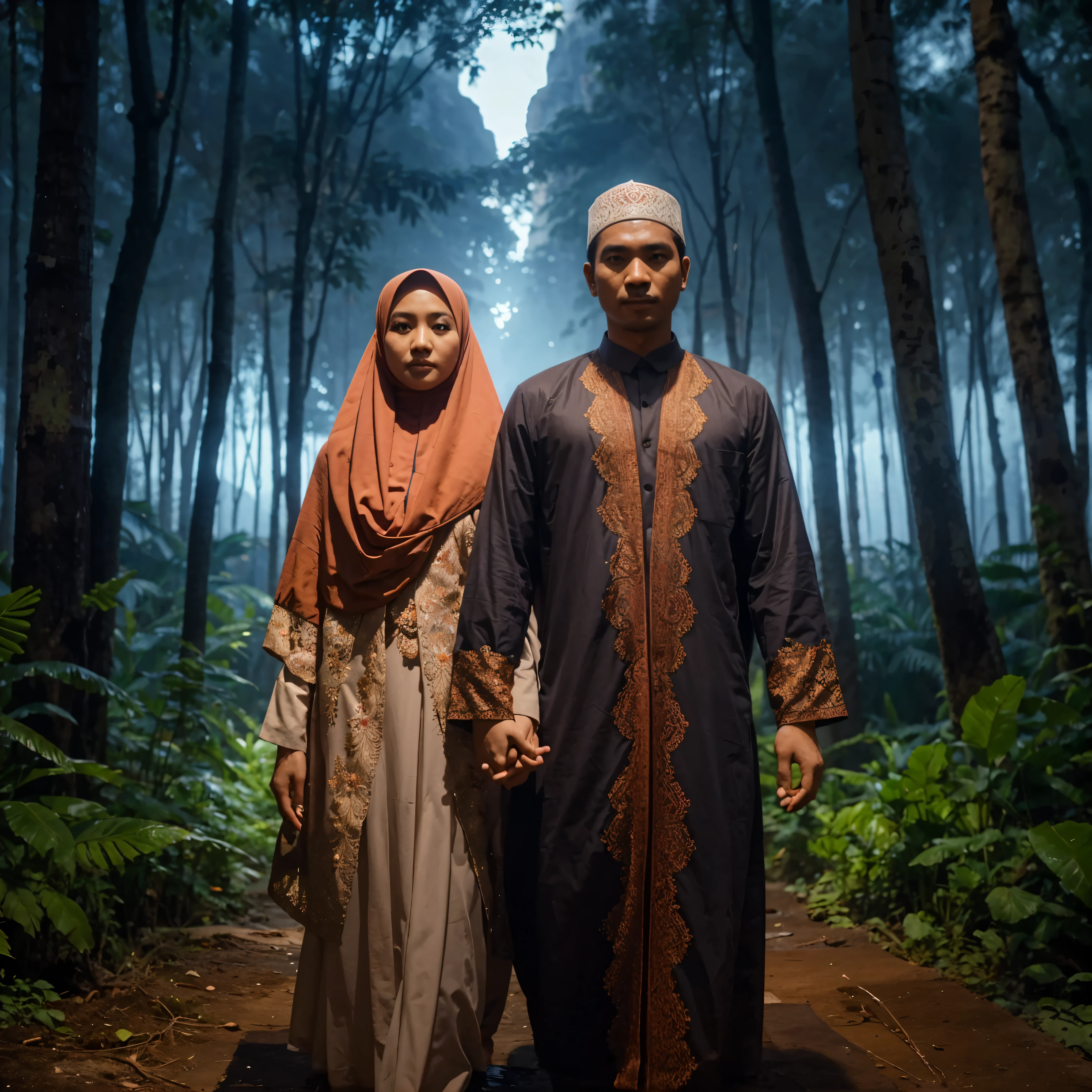 indonesia couple berpakain muslim, berjalan beriringan menuju masjid melewati hutan lebat pada malam hari, view dari depan ,melihat ke kamera