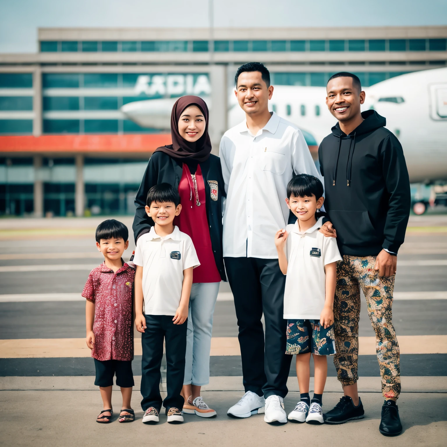 family photo portrait, 30 year old father wearing a long batik calana shirt, shoes, 30 year old wife with long shoulder length hair, wearing a hooded long pants, haq shoes, 2 boys aged 5 and 6 years, 1 girl aged 3 years, they all stand and smiled, looking at the suitcase
airport background, behind it there is a sign that says "WELCOME TO SOETTA INDONESIA THERE IS A CONGRATULATION TO THE UNITED ARAB EMIRATES