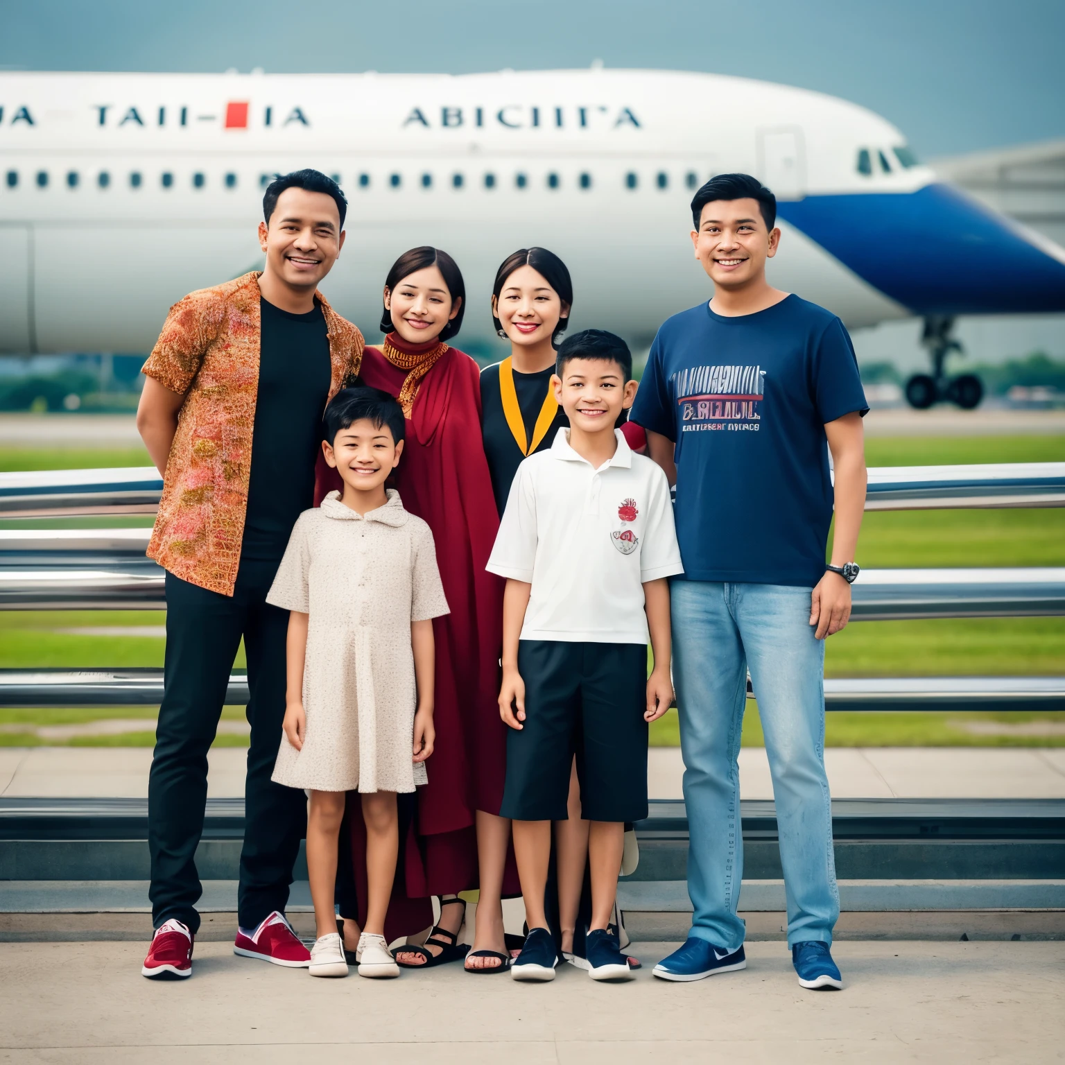 family photo portrait, 30 year old father wearing a long batik calana shirt, shoes, 30 year old wife with long shoulder length hair, wearing a hooded long pants, haq shoes, 2 boys aged 5 and 6 years, 1 girl aged 3 years, they all stand and smiled, looking at the suitcase
airport background, behind it there is a sign that says "WELCOME TO SOETTA INDONESIA THERE IS A CONGRATULATION TO THE UNITED ARAB EMIRATES