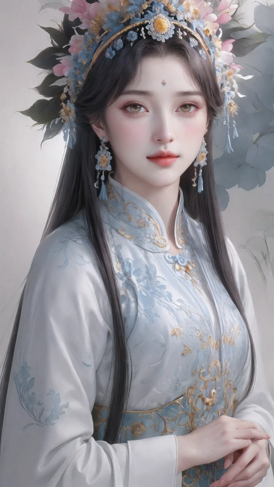 (detailed,high quality),1 girl,beautiful portrait,garden scene,Art with coloring book page effect。The background should be completely white,and only the outline of the object should be visible。Artwork should have a line art style,Similar to coloring book。It should have a mandala with natural decoration。The overall artwork should have a clean line art style,Similar to coloring book pages。Inspired by the brushwork of Alphonse Mucha,back to back,Decorated in Art Nouveau style。Ensures perfect detail and realistic appearance。The subject of the artwork should be gray hair,The contour of the hair is just right,rather than full