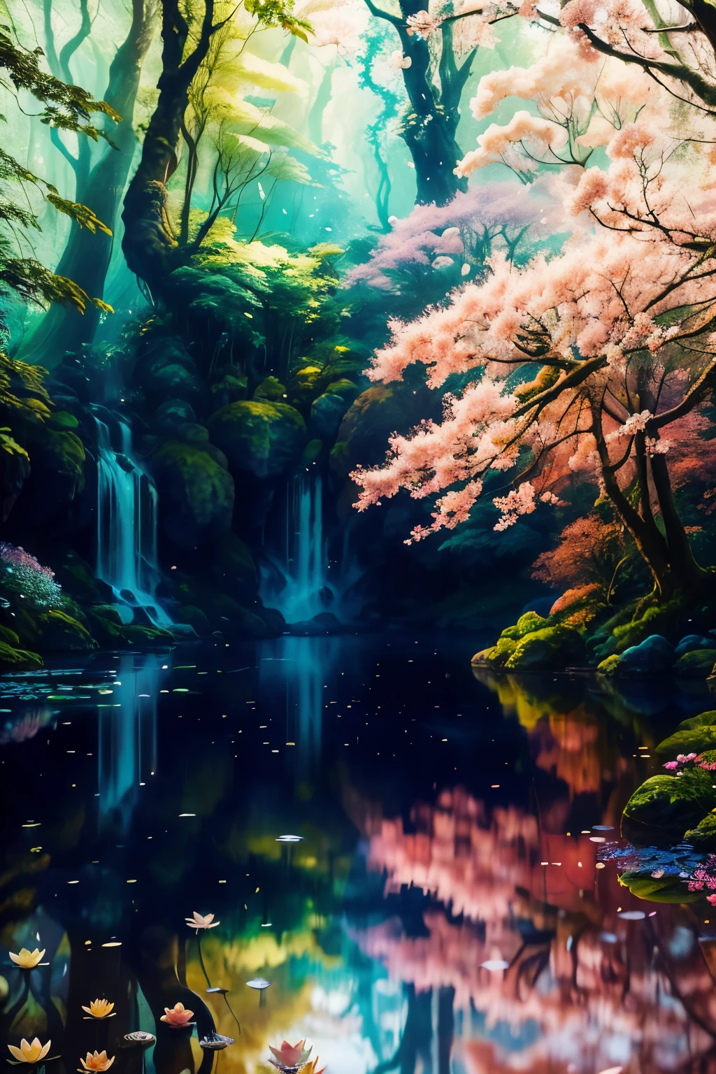 Picture a magical forest, where the trees are adorned with shimmering leaves that dance in the gentle breeze. The sunlight filters through the canopy, casting a mesmerizing glow on the forest floor, where colorful flowers bloom and animals roam freely. The air is filled with the sweet scent of blossoms and the melodic sounds of birdsong.

In the heart of the forest, a crystal-clear pond reflects the beauty of its surroundings. The water is as still as a mirror, and the surface is dotted with delicate lotus flowers that seem to pulse with a mystical energy. A gentle mist hovers over the pond, giving the scene an ethereal, otherworldly feel
