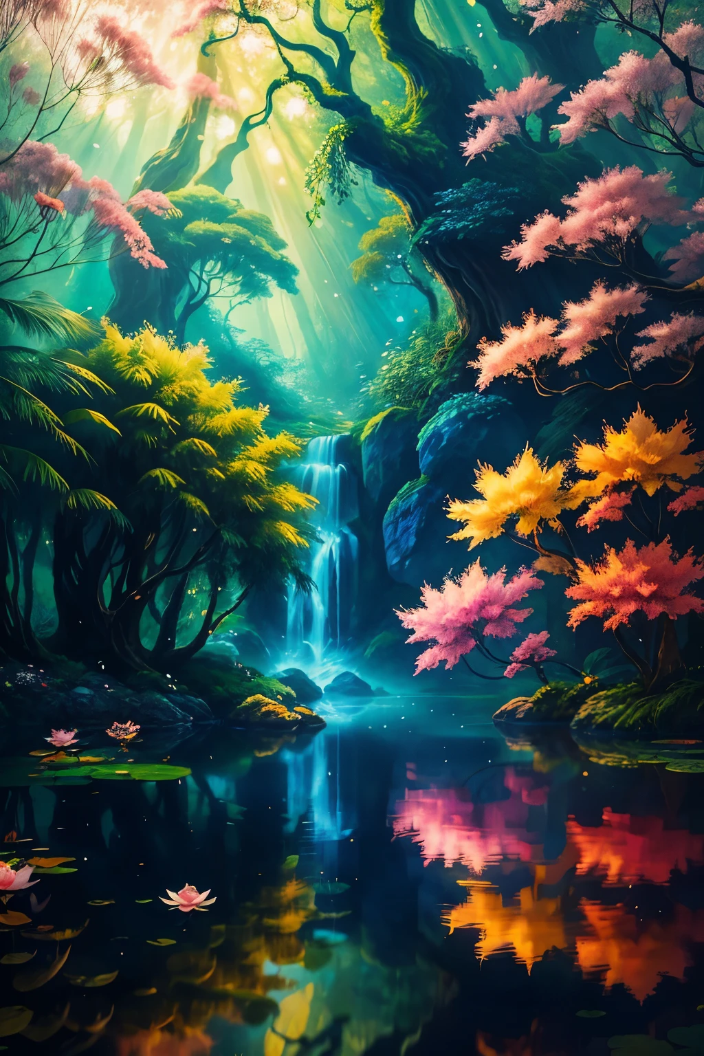 Picture a magical forest, where the trees are adorned with shimmering leaves that dance in the gentle breeze. The sunlight filters through the canopy, casting a mesmerizing glow on the forest floor, where colorful flowers bloom and animals roam freely. The air is filled with the sweet scent of blossoms and the melodic sounds of birdsong.

In the heart of the forest, a crystal-clear pond reflects the beauty of its surroundings. The water is as still as a mirror, and the surface is dotted with delicate lotus flowers that seem to pulse with a mystical energy. A gentle mist hovers over the pond, giving the scene an ethereal, otherworldly feel