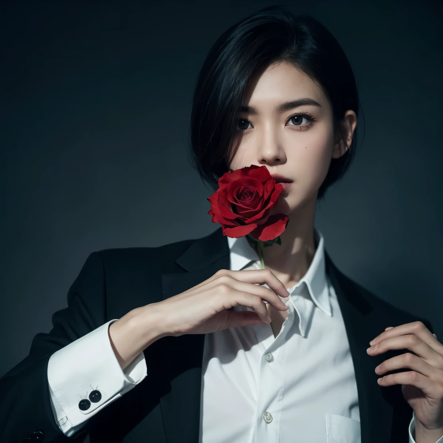 (Arilp style:1.0), dark, fear, crawl, crawl-looking, , Lovecraftian, , , he has raised, black hair, black jacket, brown hair, demon, flower, high resolution, jacket, orange eyes, red flower, red Rose, Rose, shirt, short hair, white shirt