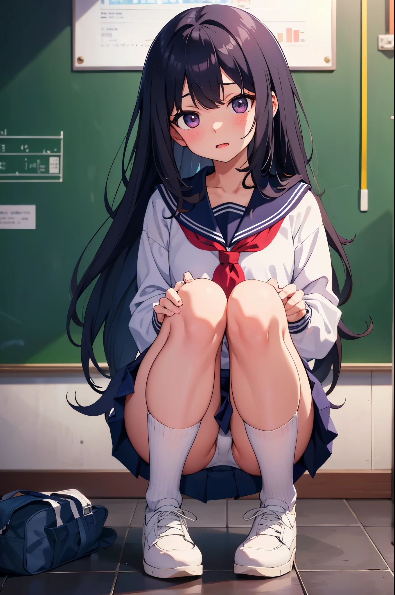 -year-old flat chest black hair long hair are ple embarrassed look((1 person)) White upper body long sleeve sailor uniform Lower body navy blue miniskirt white panties She is squatting in front of the blackboard and showing her panties. sports boots spread your legs a little((I can see white panties)) dynamic angle Low angle from the front