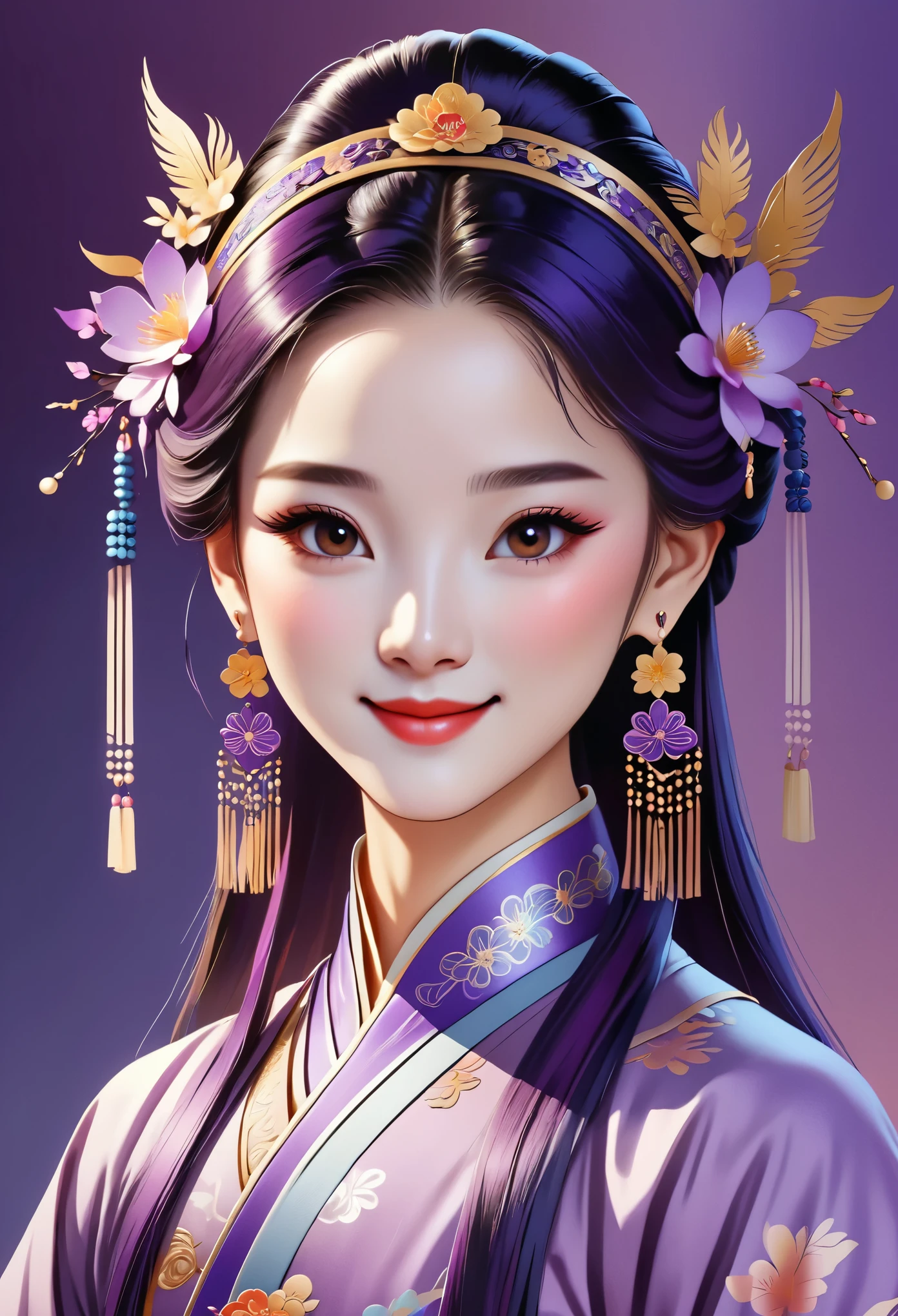 (Avatar badge design:1.3)(chinese traditional minimalism:1.1)，closeup portrait，Left picture，中国妖娆girl，charming smile，dance solo，girl，beauty，grace，Purple color scheme，hair，hair accessories，earrings，Detailed shadow vector drawing，(graphics rules)，Illustration cartoon cute art style，Colorful line art style，Flat animation simple solid color background
