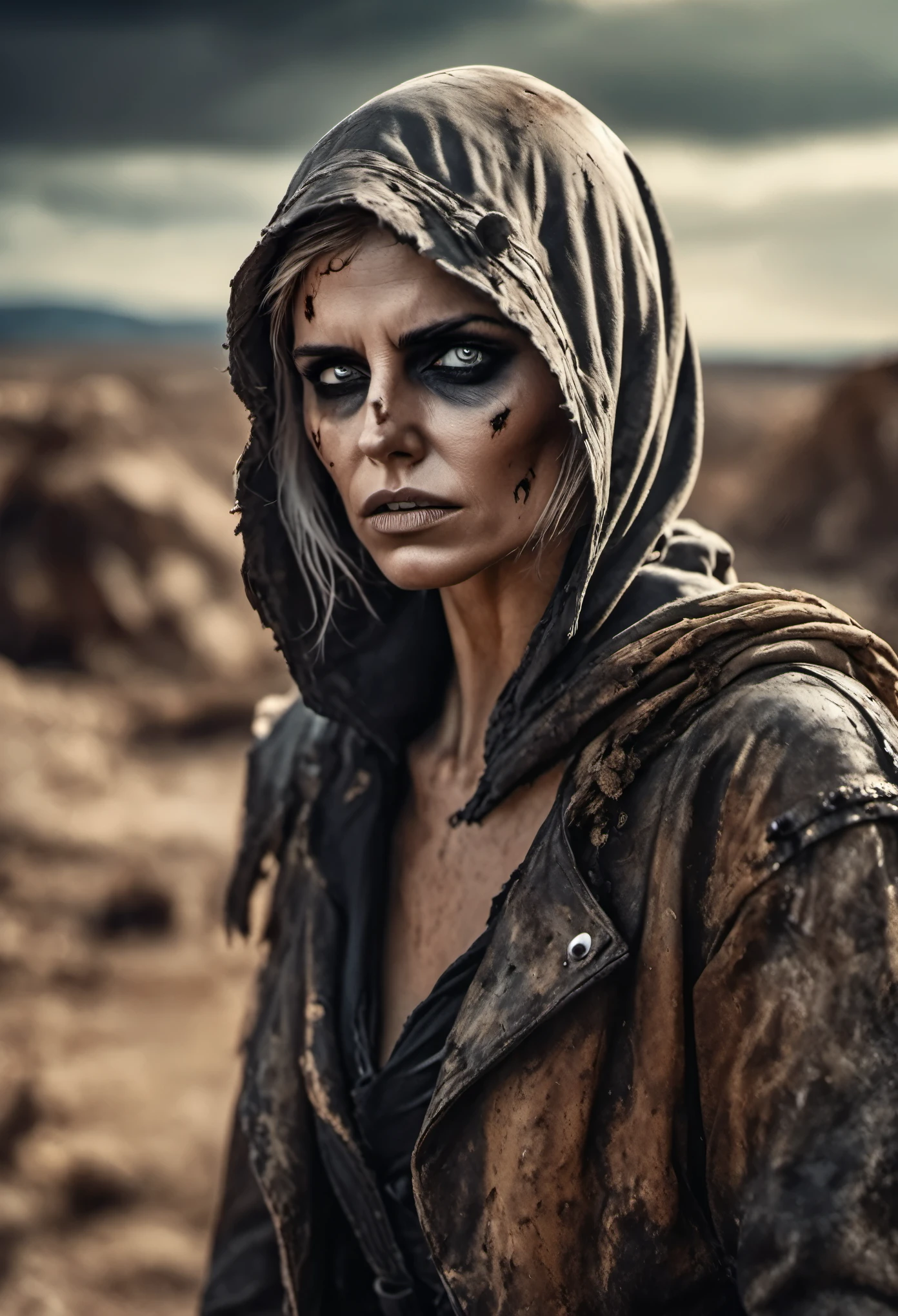 (Realistic:1.4), analog photo style, depth of  field,  Vivid colors, fragile, vulnerable, female reaper, sad, worried expression, looking away, professional photoset in post-apocalyptic style, insanely detailed, intricate wasteland  landscape background,  (((masterpiece))), top quality, 8K, ultra high resolution, high contrast, low saturation