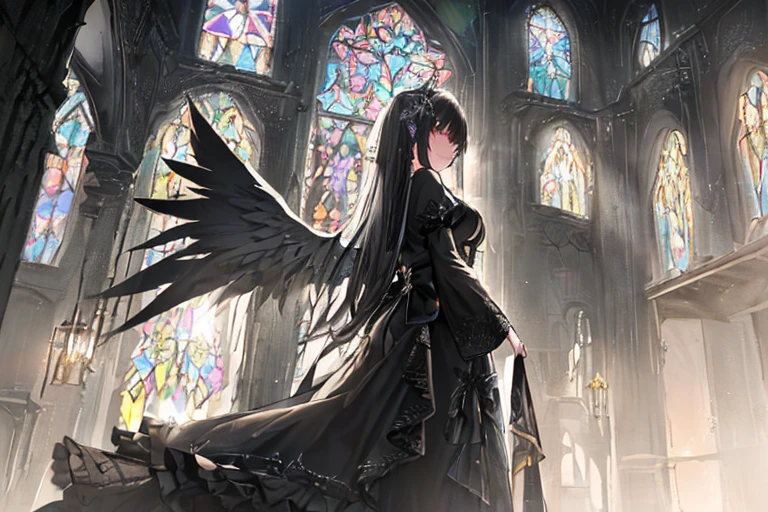 (masterpiece,best quality,ultra detailed:1.2),
(Lens Flare,Neon-light-effect:1.3),
Decaying association with beautiful stained glass and dark background.
side view, from side,
Beautiful and divine fallen angel beauty,
(Four wings, black as jet black, spread wide:1.2),
Long gray hair, delicate and beautiful odd eyes,
The lavishly decorated costumes in black are also very revealing,
sparkle effect,crystal light,illusion effect,powder light,Colorful rose effect,(Black feather effect:1.2)