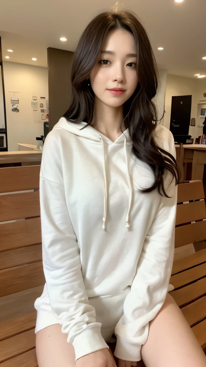 ((top-quality、8k、masterpiece:1.3))、Beautiful woman with perfect body:1.4、slim abdomen:1.2、Longhair, normal breast, Highly detailed facial and skin texture, A detailed eye, delicate eyes, double eyelid, (smile), (full body shot), ((shopping mall)), ((sitting in bench 1.2)), ((wearing white hoodie)), looking in front