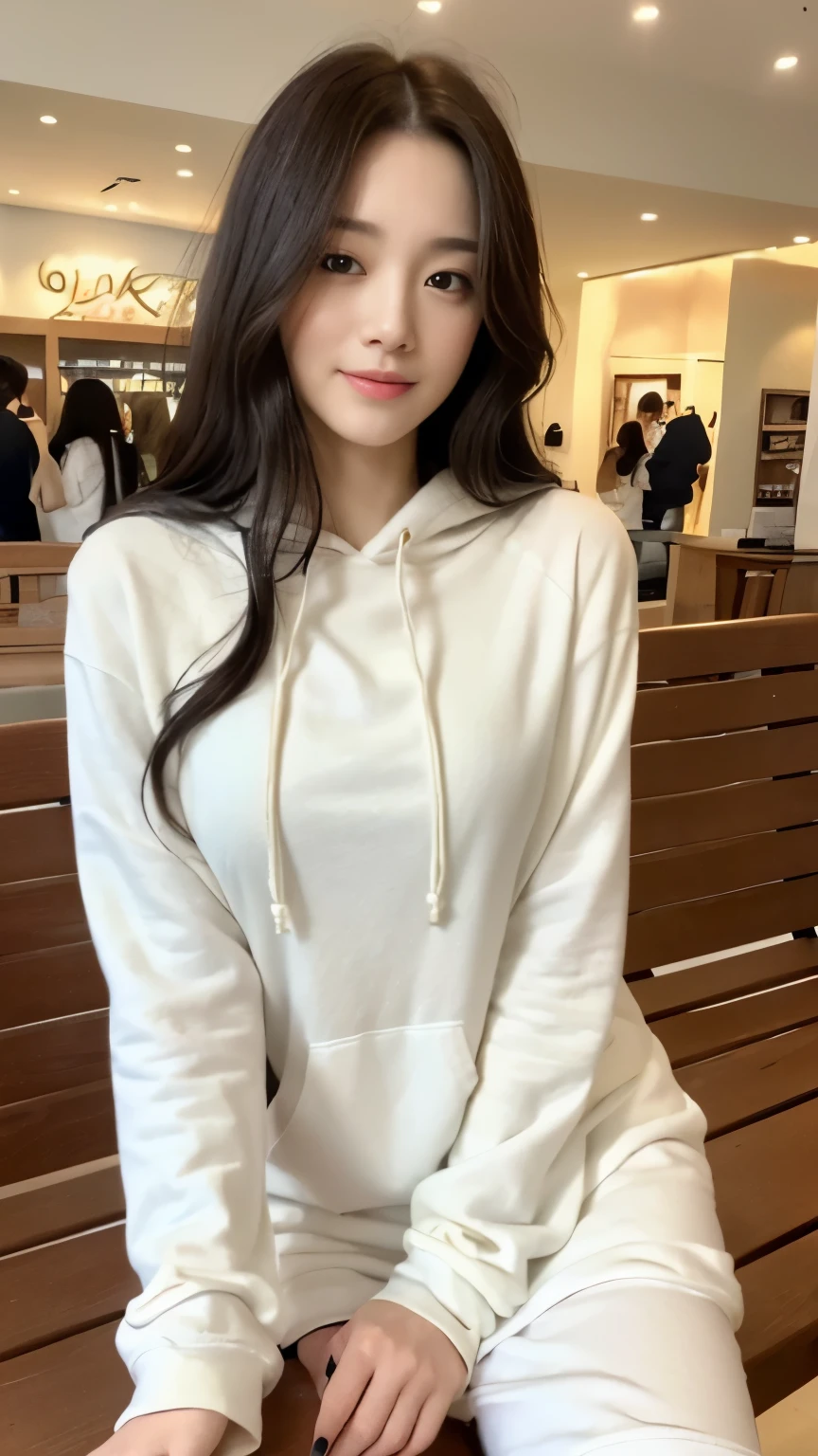 ((top-quality、8k、​masterpiece:1.3))、Beautiful woman with perfect body:1.4、slim abdomen:1.2、Longhair, normal breast, Highly detailed facial and skin texture, A detailed eye, delicate eyes, double eyelid, (smile), (full body shot), ((shopping mall)), ((sitting in bench 1.2)), ((wearing white hoodie)), looking in front