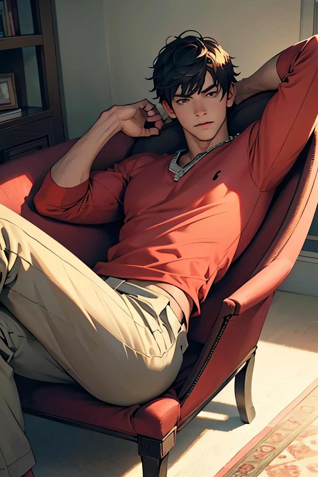 In the image, a young man is depicted as he reclines comfortably in a pink hammock, located in a white-walled room. The scene is rendered in ultra-realistic style with an abundance of details. The young man wears a red shirt with black stripes, the fabric texture and pattern evident in the high-definition image. His serious expression is accentuated by the sofa's shade, casting a subtle yet noticeable shadow on his face. The room's soothing ambiance is further emphasized by the tranquility of the scene, leaving an enchanting impression for the viewer.