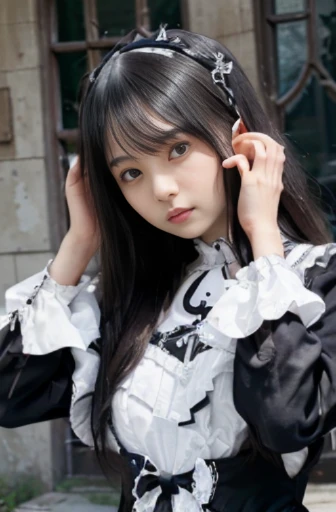 best quality, detailed, beautiful, insanely detailed, absurdres,perfect anatomy,
Japanese woman,black hair,27 years old,
(slender),
(small breasts),
bashful, hands on head, standing, flipped hair, hair between eyes, (white gothic lolita:1.2), (full body shot:1.0), front view