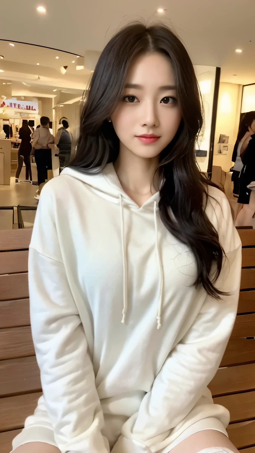 ((top-quality、8k、masterpiece:1.3))、Beautiful woman with perfect body:1.4、slim abdomen:1.2、Longhair, normal breast, Highly detailed facial and skin texture, A detailed eye, delicate eyes, double eyelid, (smile), (full body shot), ((shopping mall)), ((sitting in bench 1.2)), ((wearing white hoodie)), looking in front