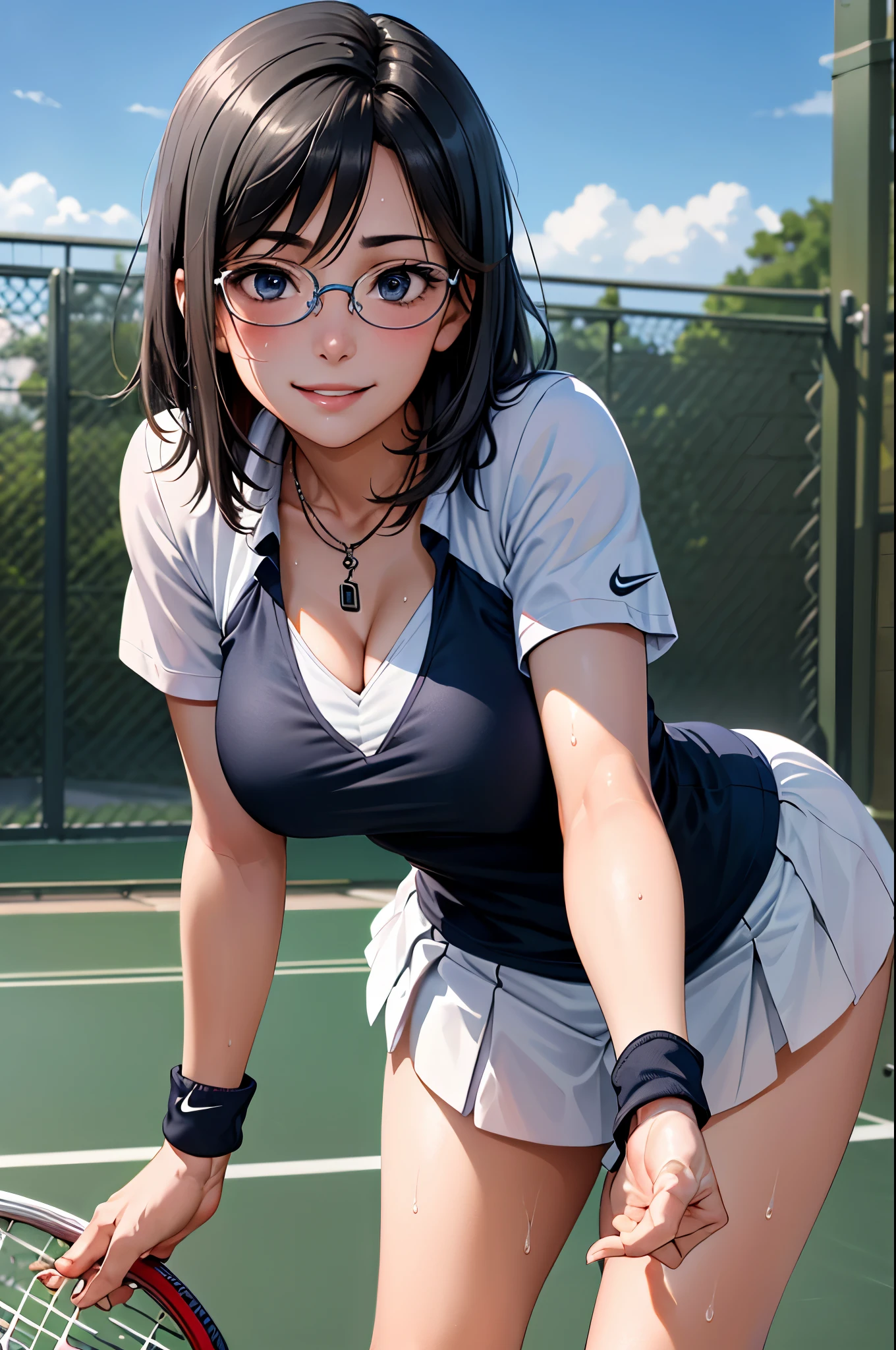 1girl,18yo,perfect hands, perfect finger,perfect anatomy, masterpiece, best quality,realistic, hyperrealistic, 16k hdr,, aamii, short hair, black hair, blue eyes, glasses, (sexy nike tennis wear,:1.2),outdoor,school,standing,(sweat:1.2),(happy smile),large breasts,looking at viewer,(leaning forward:1.2),necklace