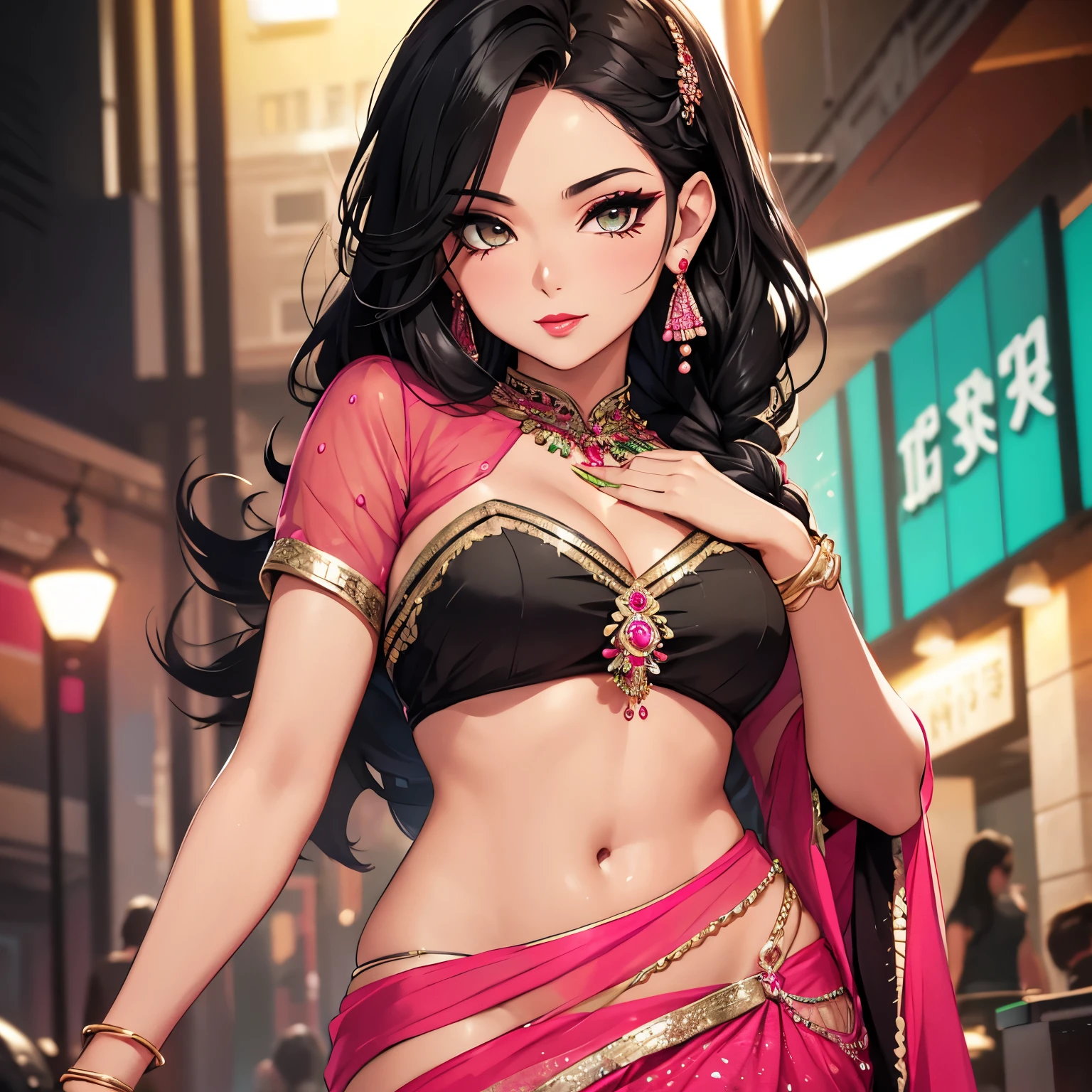 Sexy and cute woman, black hair, single braid over her shoulder, accentuated eyes, winged eyeliner, smokey eyes, perfect red lips, perfect body, revealing pink blouse, neon green saree, hourglass body