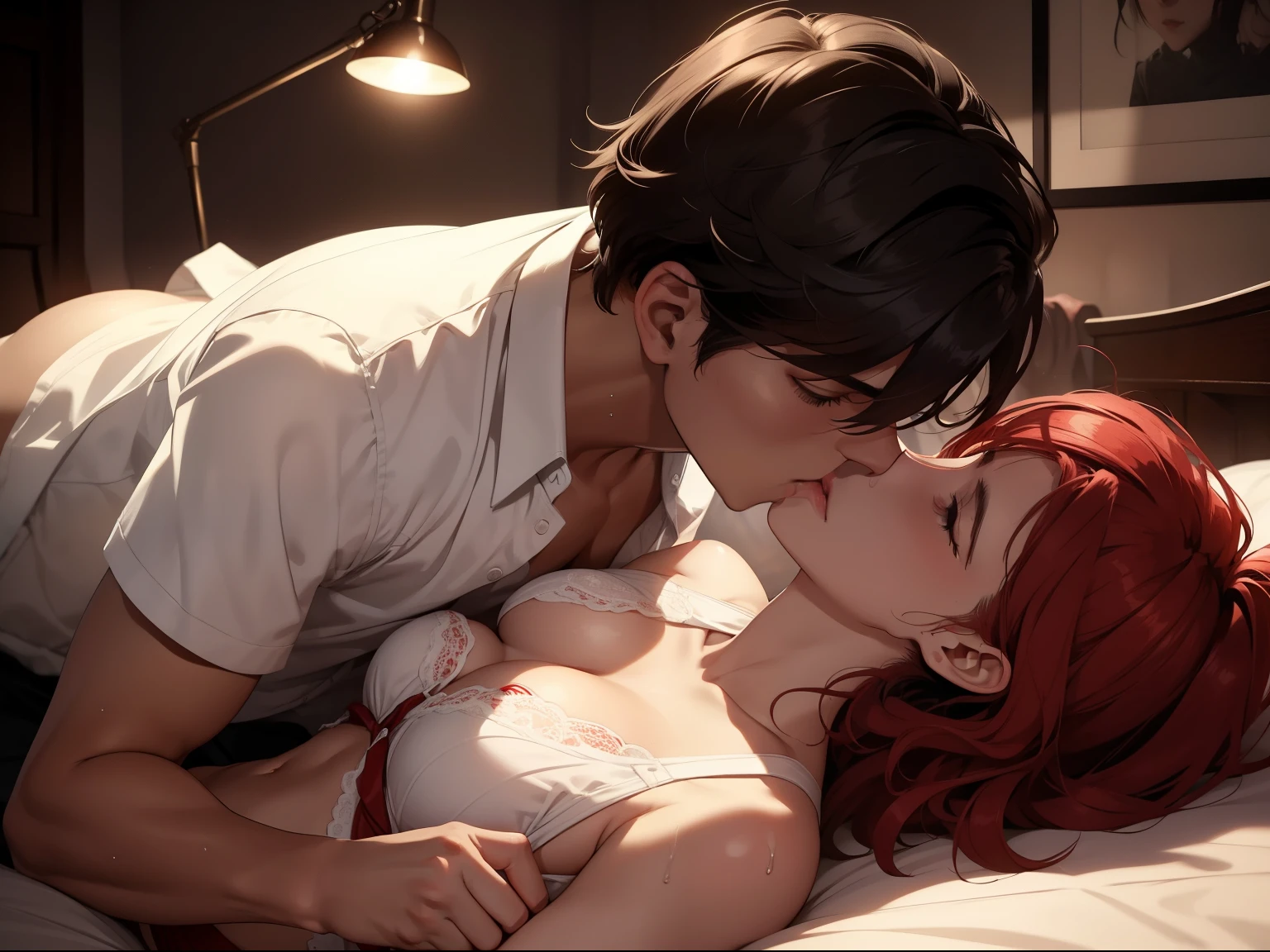 Young boy shirtless kissing woman wearing unbuttoned sheer white shirt and sexy red lingerie underneath, intense scene, dark room, one lamp, warm lighting, very erotic, sweaty, lustful, passionate, making out