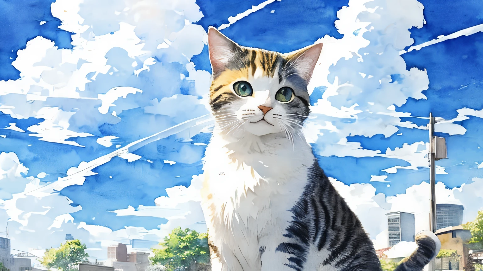 watercolor painting、Cat、downtown、cumulonimbus、Blue sky、contrail