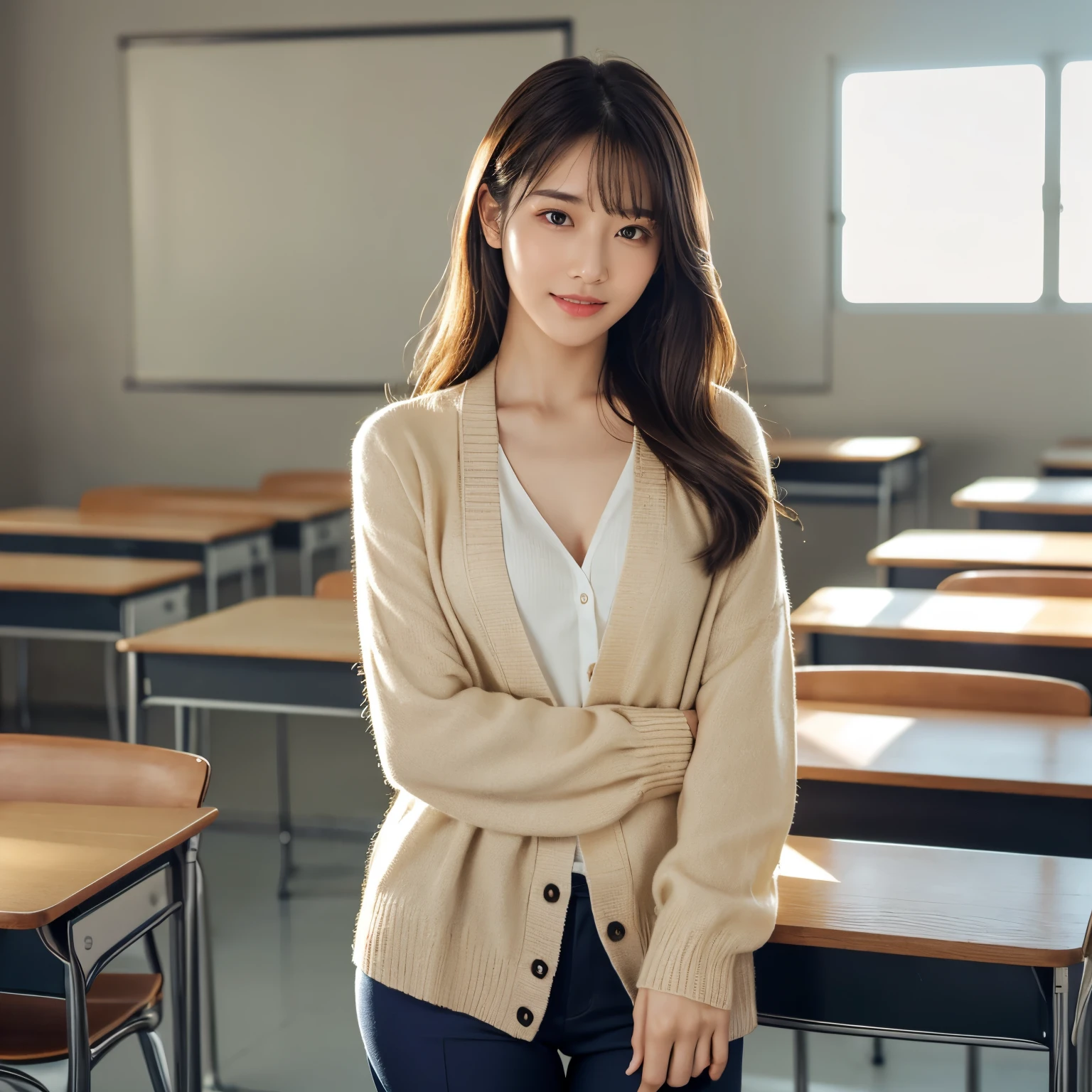 (highest quality、table top、8k、best image quality、Award-winning work)、1 female teacher、perfect makeup、(wear an elegant cardigan:1.1)、(More natural and perfect cardigan:1.1)、(upper body photo:1.1)、classy skinny pants、(Very bright classroom:1.4)、(very bright intense lighting:1.4)、(very brightly lit face:1.4)、Smile kindly at me、(stand upright gracefully:1.3)、emphasize body line、beautiful and elegant hairstyle、(The most natural and perfect high school classroom background:1.1)、(Strongly blurred background:1.1)、(The most natural and perfect high school desk and chair arrangement:1.2)、(A perfectly arranged desk and chair:1.2)、(perfect anatomy:1.2)、perfect beautiful composition、slender body、Ultra high definition beauty face、ultra high definition hair、Super high-definition sparkling eyes、(Ultra high resolution bright and glowing skin:1.4)、Super high resolution glossy lips、elegant posture