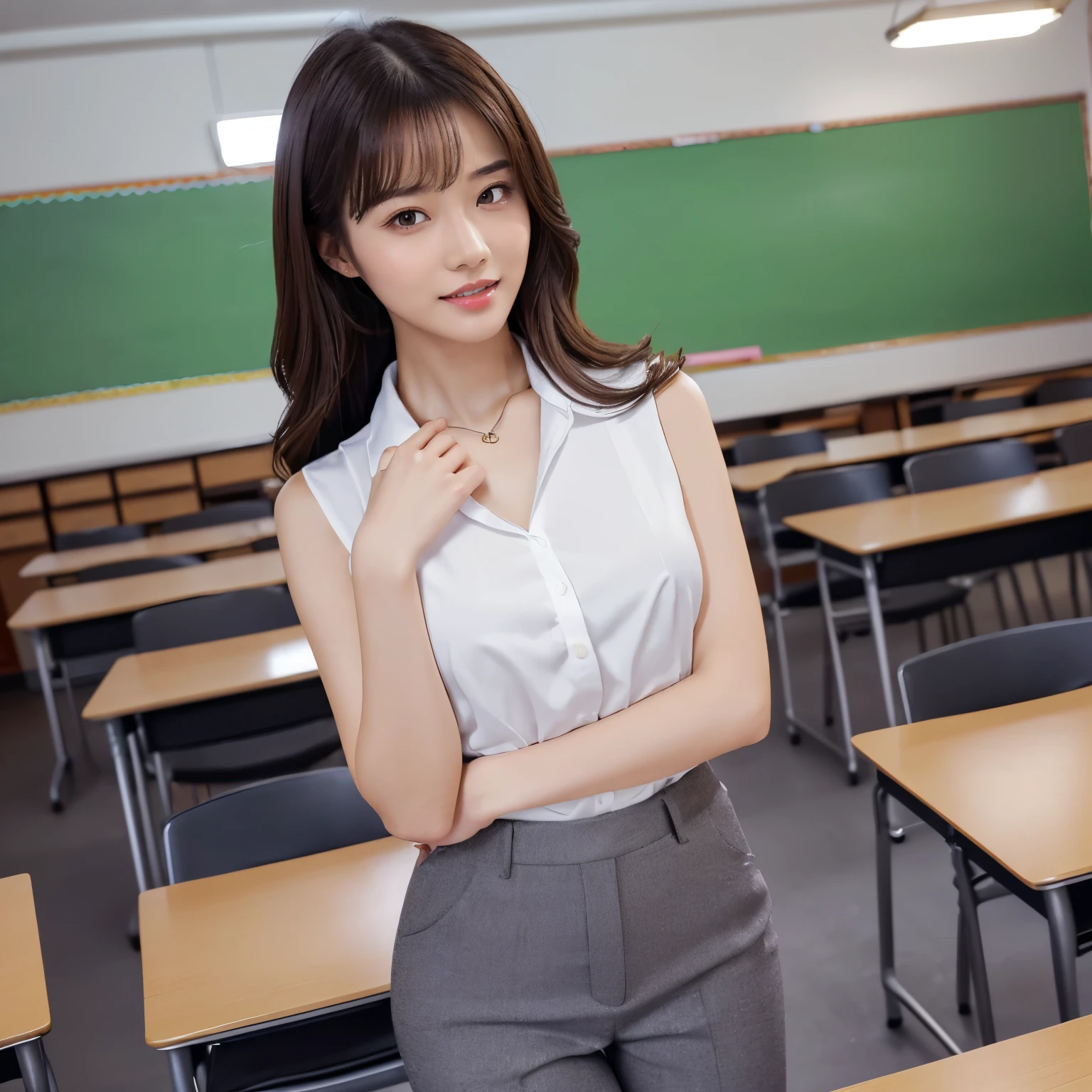 Black hair、Smaller chest、(tiny chest:0.75)、huge areolas、(areolae slip)、puffy areolas、Young adorable Japan face、Portrait of female Japan idol、A Japanese Lady、messy hair style、Popular makeup in Japan、(8K、Raw photography、top-quality、​masterpiece:1.45)、1 female,nude,nsfw,ponytail,serafuku,1girl in, (School uniform:1.0),(NSFW:1.0),classroom,Inside the school、Inside the school building、desk、skirt lift,full bodyesbian、a smile