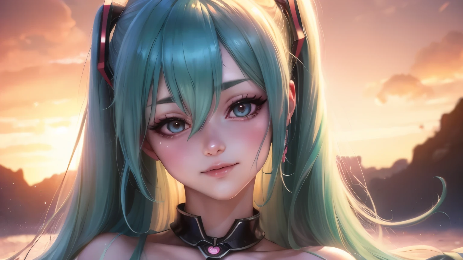 wince, longeyelashes, solid circle eyes, light smile, ear blush, mint hair, full blush, drop shadow, stereogram, pov, atmospheric perspective, anime style, anime, cinematic lighting, depth of field, stereogram, chiaroscuro, masterpiece, anatomically correct, textured skin, super detail, high quality, 8k, best quality, award winning, woman, very long hair, Miku Hatsune, ahegao