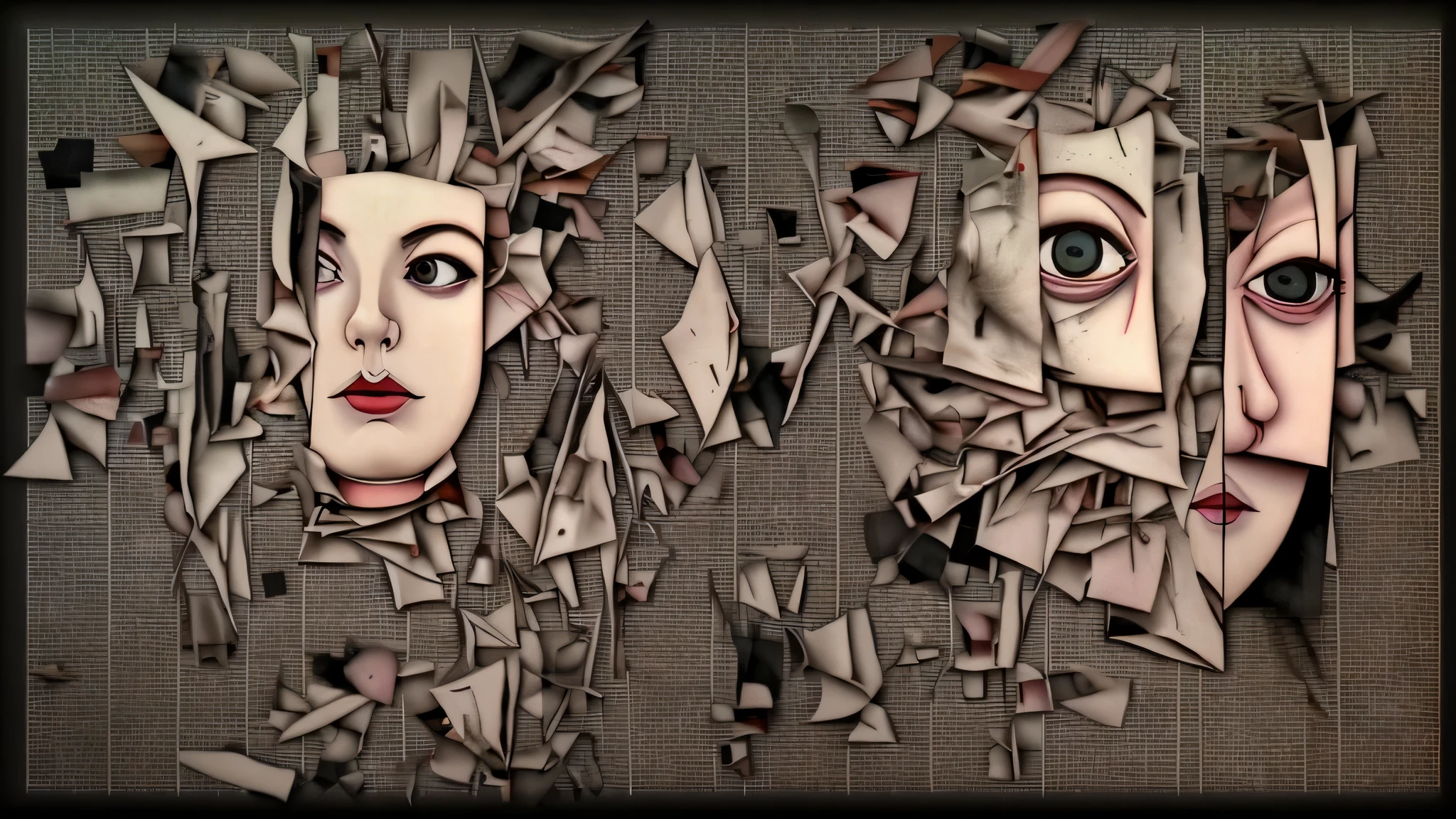 ultra surreal collage of suffering abstract faces and bodies deformed and growing from each other to infinity on a white plane full of pieces of torn newspaper and magazine clippings, vintage Klimt style, Super-detailed, Ultra-realistic, Studio Quality, 48k / HD, High Contrast, hyper Realistic Shadows, octane Rendering, Sharp Focus