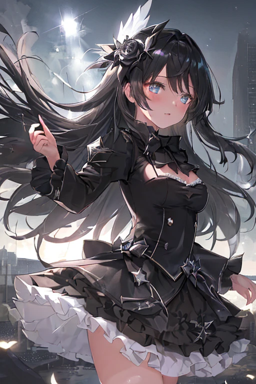 (masterpiece,best quality,ultra detailed:1.2),
(Lens Flare,Neon-light-effect:1.3),
Jet black night sky, moonlight, and more clouds,
(dynamic angle, dynamic pose:1.2),
Beautiful and divine fallen angel beauty,
(Four wings, black as jet black, spread wide:1.2),
Long gray hair, delicate and beautiful odd eyes,
The lavishly decorated costumes in black are also very revealing,
sparkle effect,crystal light,illusion effect,powder light,Colorful rose effect,(Black feather effect:1.2)