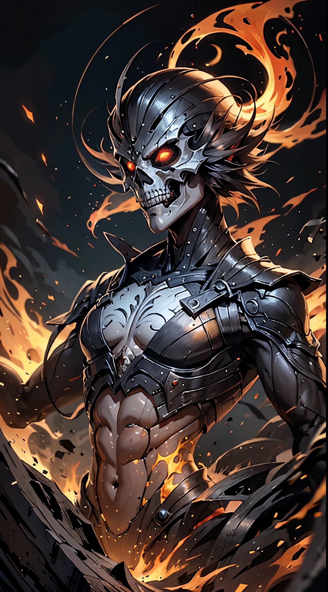 (very detailed wallpaper 8k), man, mid-shot terrifying necromancer, skull, flaming burning eyes, ominous shadows, flames, fire, smoke, intricate, high detail, dramatic