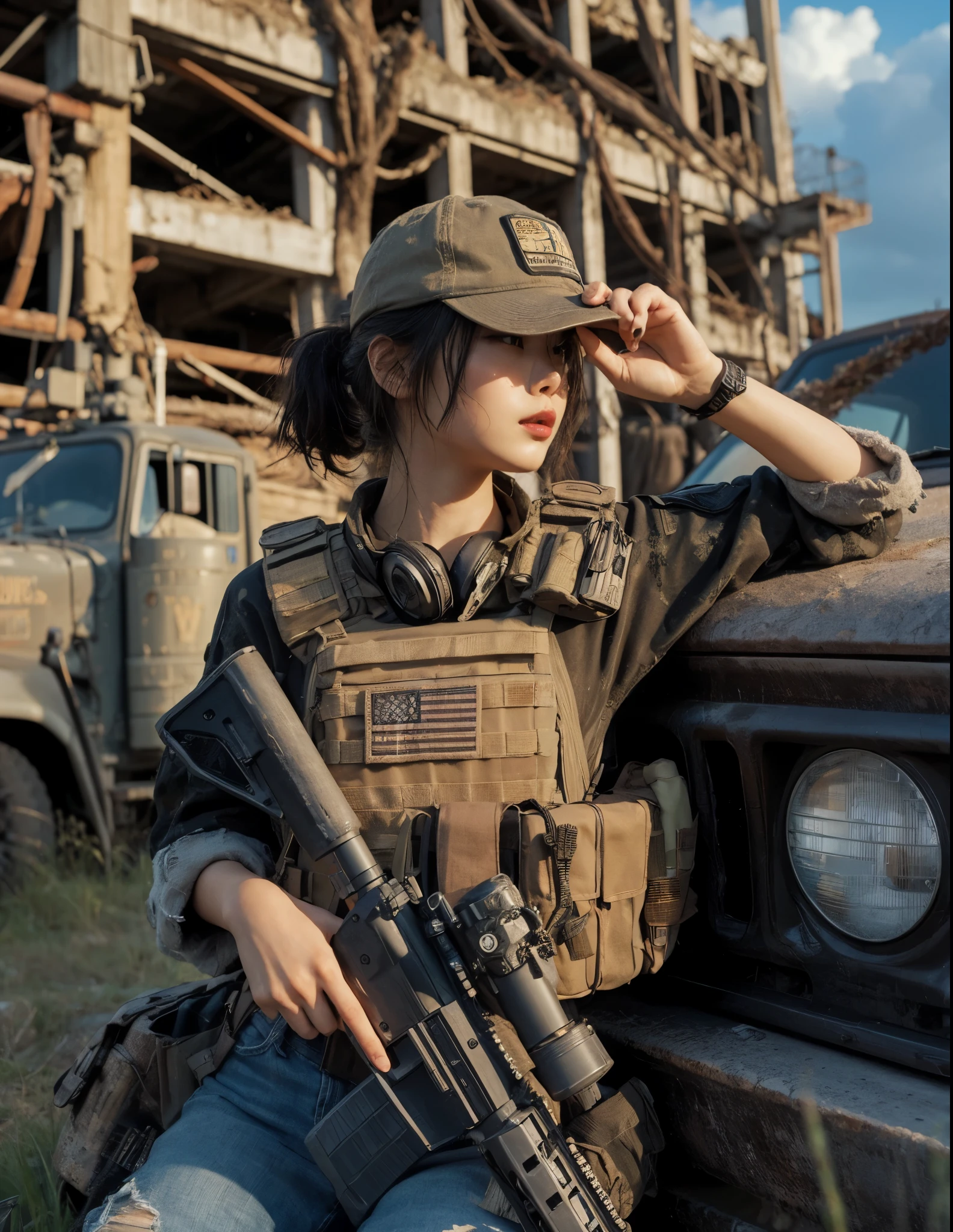 (best quality,8k,photorealistic:1.37),realistic skin texture,beautiful Japanese woman in the U.S. military disembarking from a vehicle,rifle,bulletproof vest,huge factory remains,pipes attached to the walls,in front of a collapsed wall,military vehicles,wearing a baseball cap