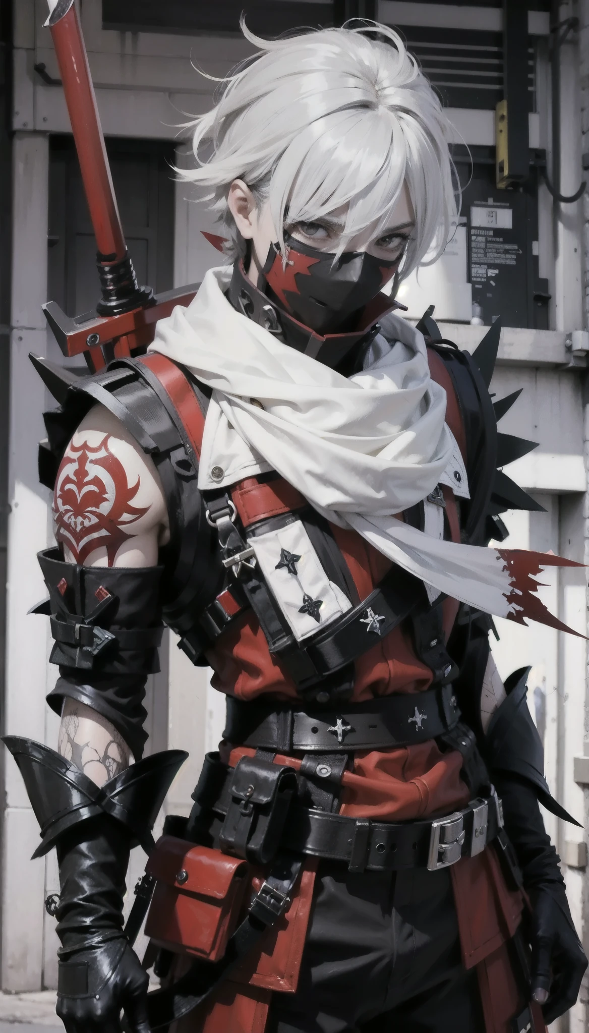 un primer plano de una persona con una espada y un traje rojo y negro, armadura blanca y roja, Anime rudo 8K, retrato del asesino ninja, Armadura negra y roja, chico guapo en el arte de Demon Slayer, Armadura reflejada negra y roja., personaje animado, keqing del impacto genshin, trigger anime art style, De Arknights, gothic ninja