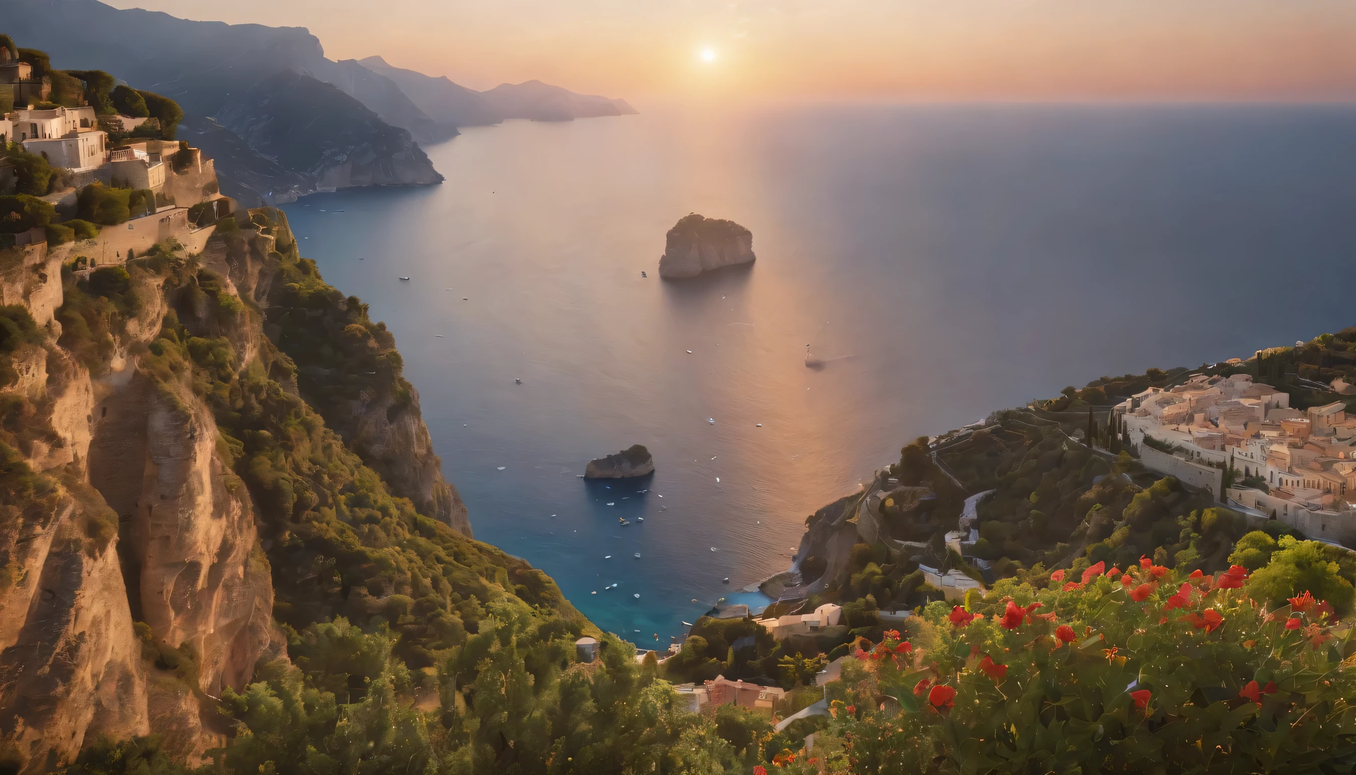 (Highly detailed CG Unity 8k wallpaper、masterpiece、highest quality、Super detailed)、(best lighting、best shadow、very delicate and beautiful)、highest quality、8k、Detailed facial depiction、masterpiece、highest quality、clear image quality、
Sunset from the top of the cliffs of the Amalfi Coast in Talia。