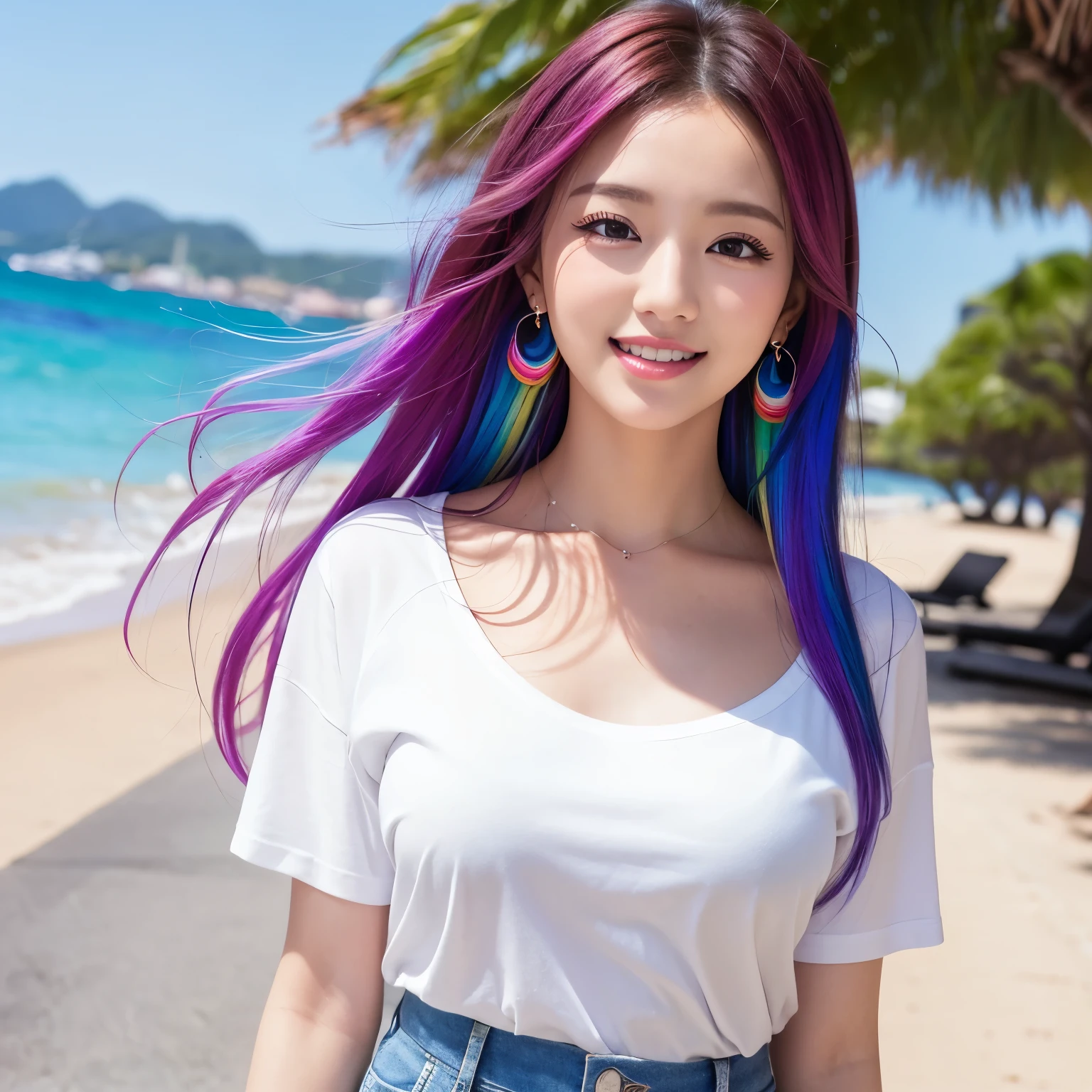 (masterpiece、highest quality、8k、Award-winning work、ultra high resolution)、one beautiful woman、(colorful rainbow hair:1.3)、long wavy hair、(White open chest T-shirt with a beautiful ocean photo printed on it:1.1)、(Damaged denim shorts:1.1)、(solo:1.1)、(upper body photo:1.1)、(standing elegantly:1.1)、causal clothing、(beautiful feet:1.1)、(big breasts:1.2)、(emphasize body line:1.1)、perfect necklace、perfect earrings、perfect bracelet、Many ornamentany accessories:1.1)、perfect body line、perfect style、(8 beautiful women:1.1)、、(the biggest smile looking at me:1.1)、(Ultra-high-definition beautiful skin that shines extremely brightly:1.3)、(very bright and vivid:1.2)、Beautiful and perfect street trees lined up regularly、(Strongly blurred natural urban background:1.1)、Beautiful thighs boldly exposed、perfect body line、perfect model style、perfect makeup、accurate anatomy、ultra high definition hair、ultra high resolutionの完璧な美しい歯、Ultra high definition beauty face、ultra high definition hair、Super high-definition sparkling eyes、輝くultra high resolutionの美肌、ultra high resolutionの艶やかな唇、perfect makeup