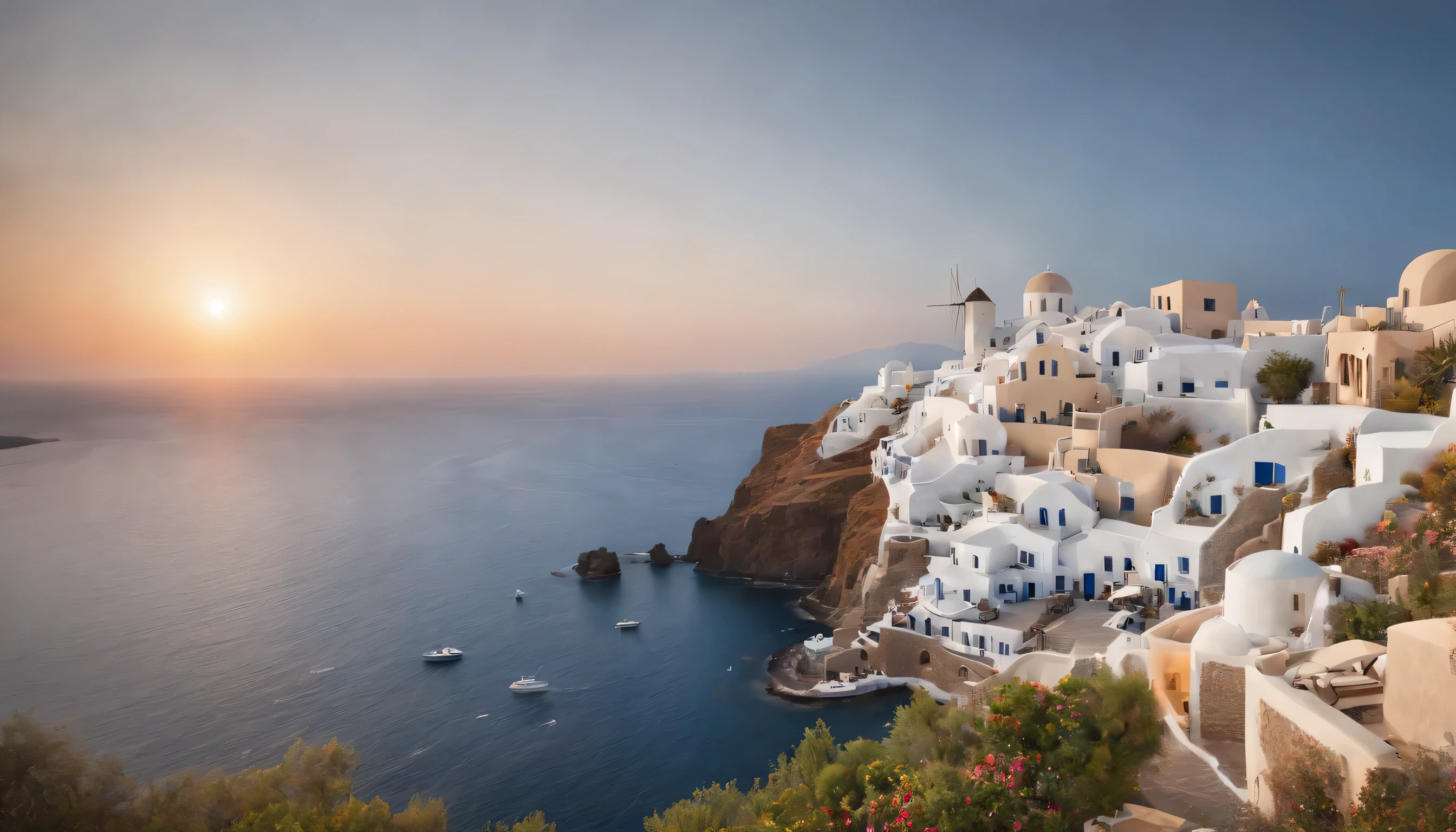 (Highly detailed CG Unity 8k wallpaper、masterpiece、highest quality、Super detailed)、(best lighting、best shadow、very delicate and beautiful)、highest quality、8k、Detailed facial depiction、masterpiece、highest quality、clear image quality、
Sunset reflected in the white buildings and blue sea of Santorini。
