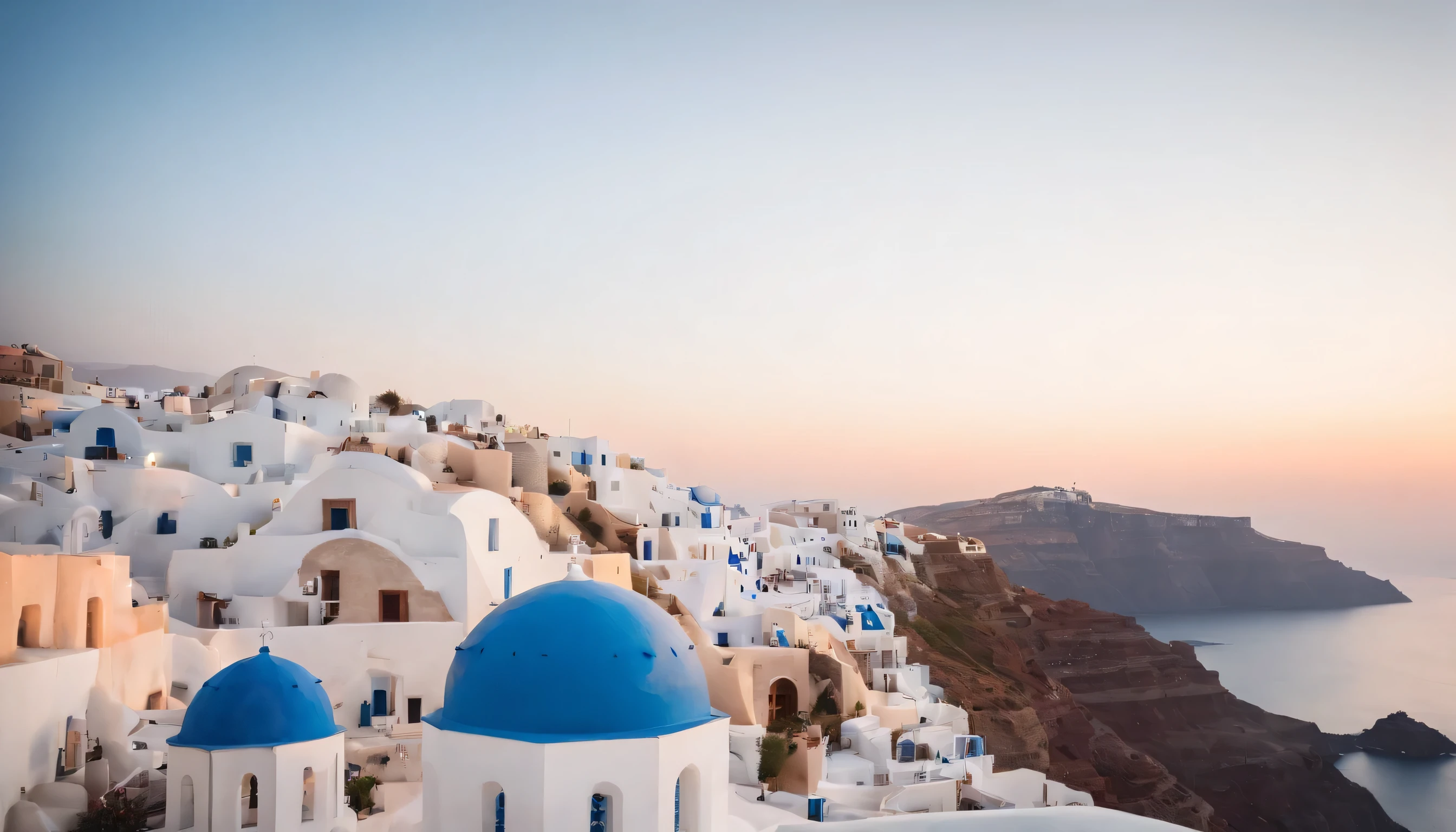 (Highly detailed CG Unity 8k wallpaper、masterpiece、highest quality、Super detailed)、(best lighting、best shadow、very delicate and beautiful)、highest quality、8k、Detailed facial depiction、masterpiece、highest quality、clear image quality、
Sunset reflected in the white buildings and blue sea of Santorini。