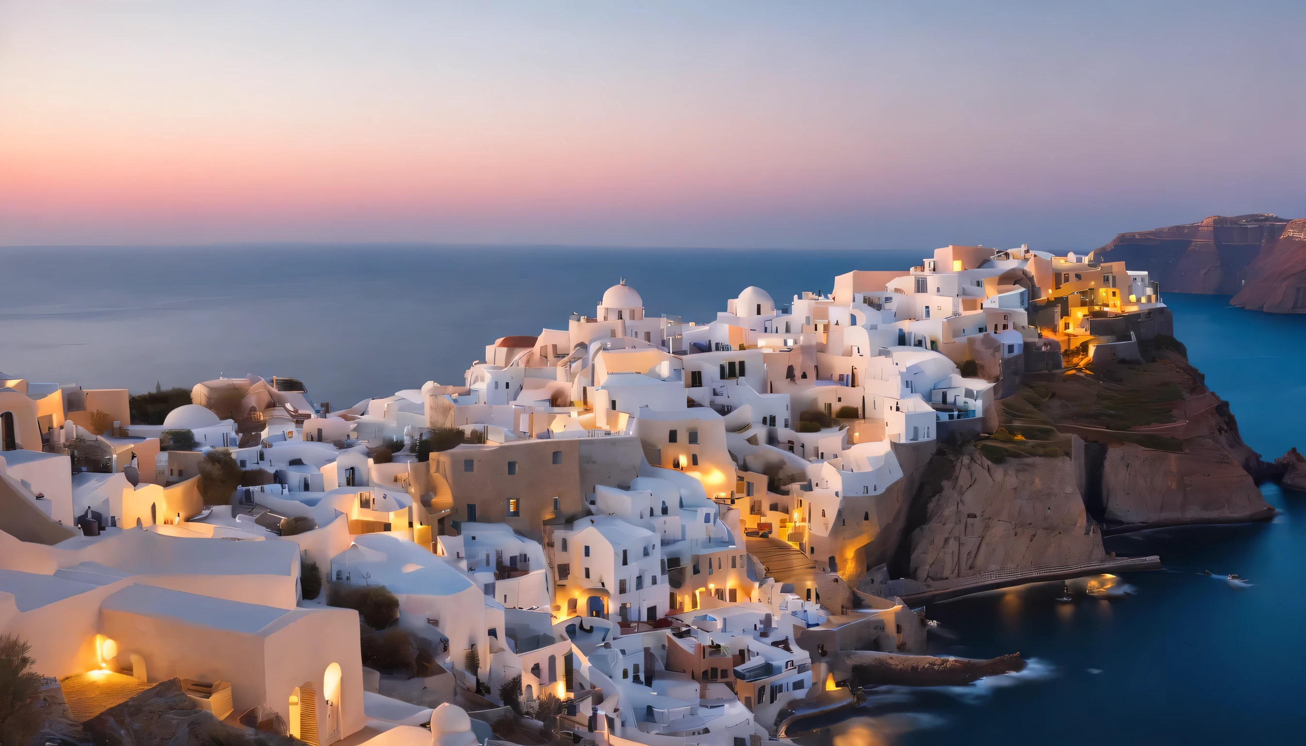 (Highly detailed CG Unity 8k wallpaper、masterpiece、highest quality、Super detailed)、(best lighting、best shadow、very delicate and beautiful)、highest quality、8k、Detailed facial depiction、masterpiece、highest quality、clear image quality、
Sunset reflected in the white buildings and blue sea of Santorini。