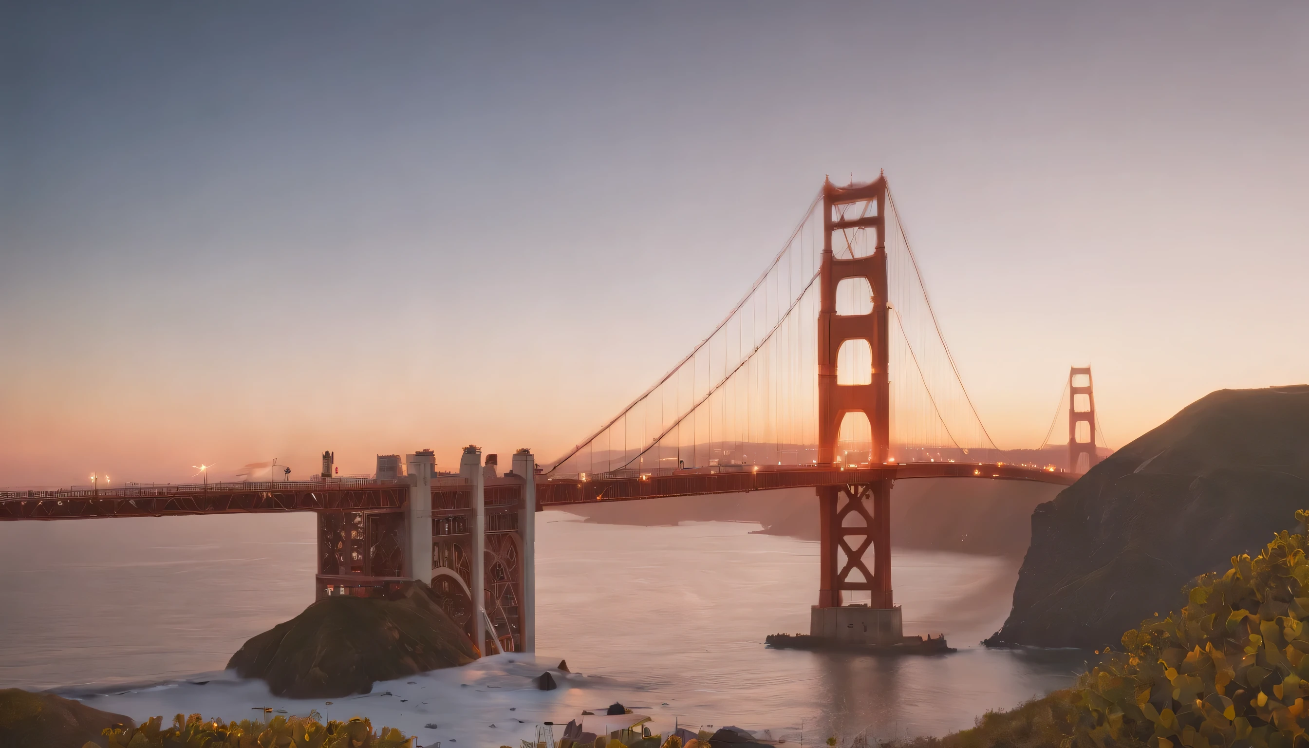 (Highly detailed CG Unity 8k wallpaper、masterpiece、highest quality、Super detailed)、(best lighting、best shadow、very delicate and beautiful)、highest quality、8k、Detailed facial depiction、masterpiece、highest quality、clear image quality、
San Francisco Golden Gate Bridge and sunset scenery, California in the background。