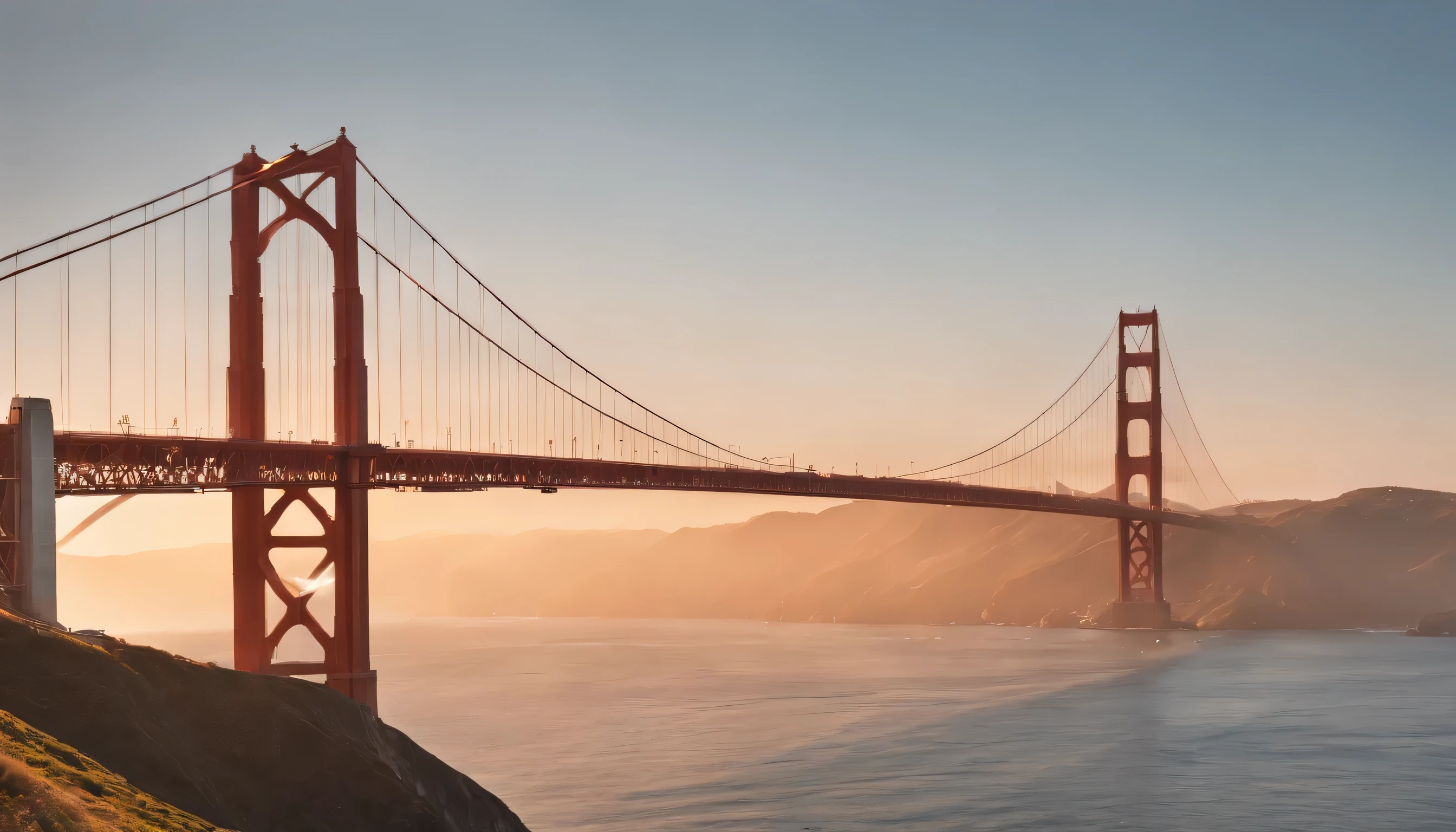 (Highly detailed CG Unity 8k wallpaper、masterpiece、highest quality、Super detailed)、(best lighting、best shadow、very delicate and beautiful)、highest quality、8k、Detailed facial depiction、masterpiece、highest quality、clear image quality、
San Francisco Golden Gate Bridge and sunset scenery, California in the background。