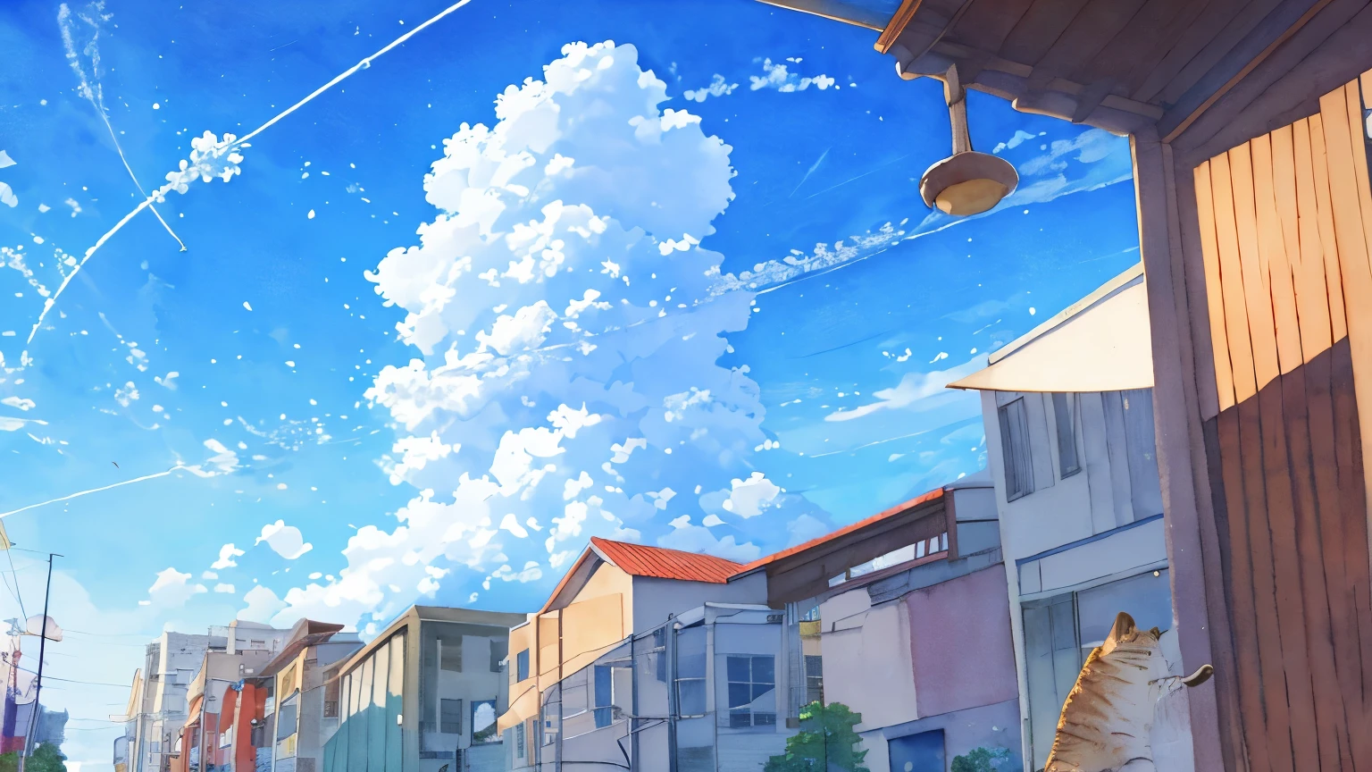 watercolor painting、Cat、downtown、cumulonimbus、Blue sky、contrail