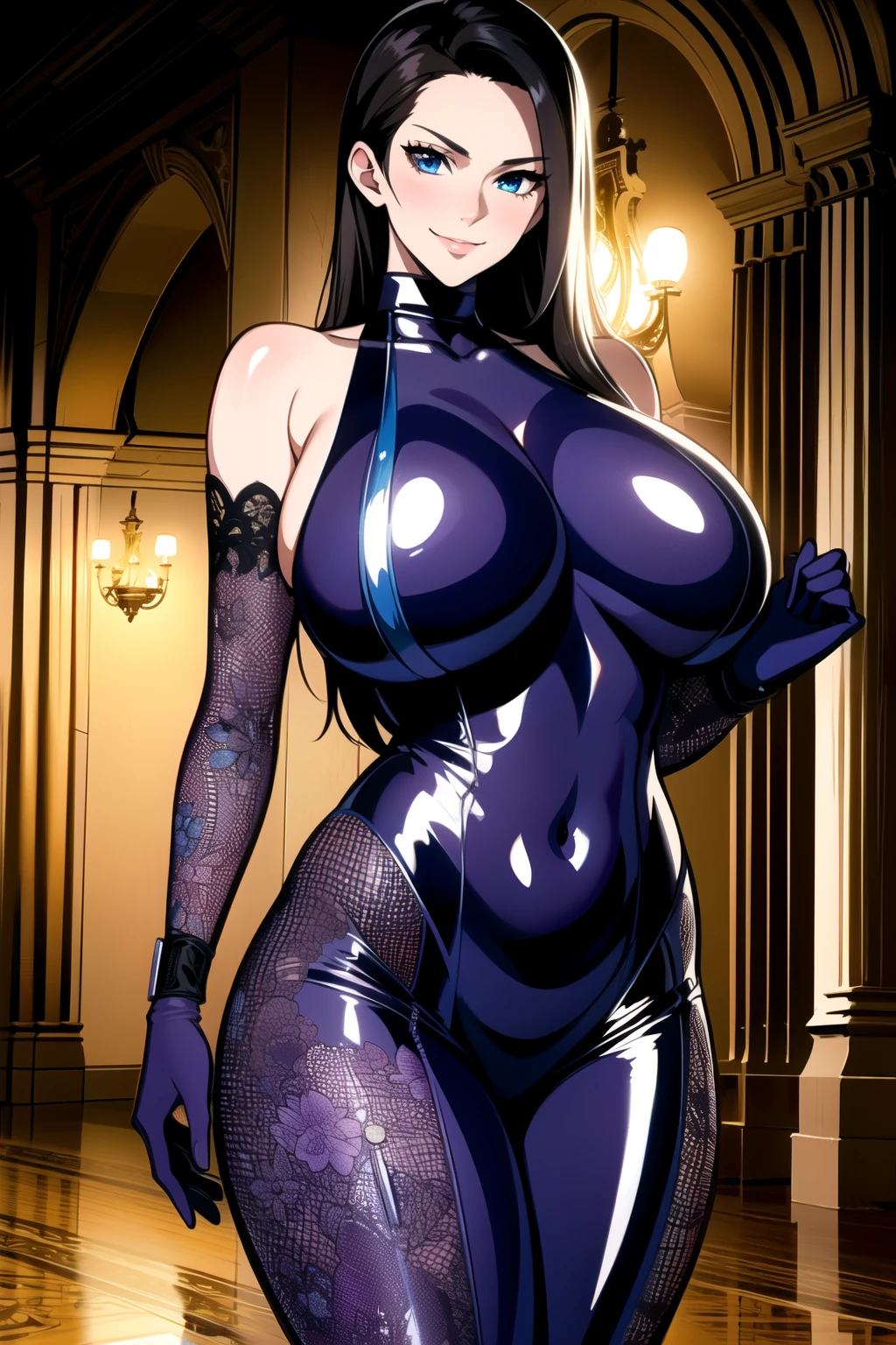 masterpiece, ((ultra detailed background, delicate pattern, intricate detail)), (highly detailed, fine details), best quality, beautiful lighting, (gigantic breasts)), NicoRobinV2, 1girl, black hair, long hair, solo, gigantic breasts, (smile), blue eyes, closed mouth, hair slicked back, jewelry, collarbone, (bare shoulders, elbow gloves, shiny, high heels, bodysuit, covered navel, turtleneck, sheath, fishnets, skin tight, shiny clothes, impossible clothes, ninja, unsheathing, purple bodysuit, covered collarbone, impossible bodysuit), (complex detailed background, inside, luxury palace), curvy, cowboy shot