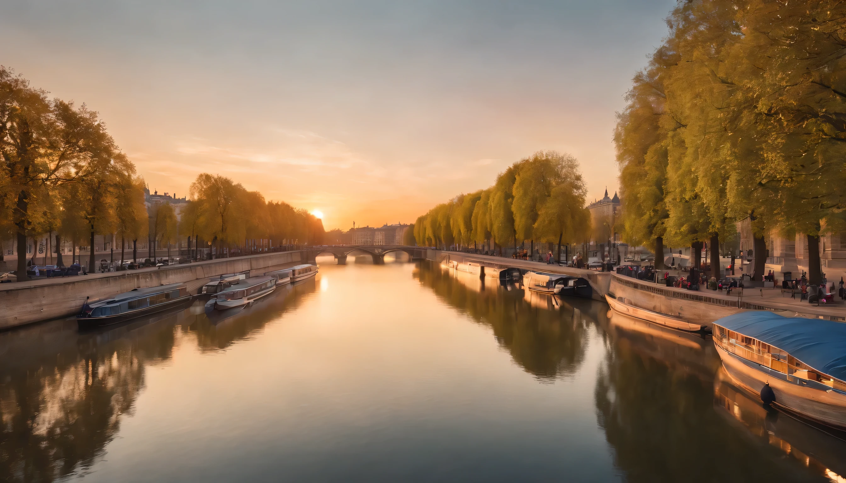(Highly detailed CG Unity 8k wallpaper、masterpiece、highest quality、Super detailed)、(best lighting、best shadow、very delicate and beautiful)、highest quality、8k、Detailed facial depiction、masterpiece、highest quality、clear image quality、
Sunset on the Seine River in Paris, France。