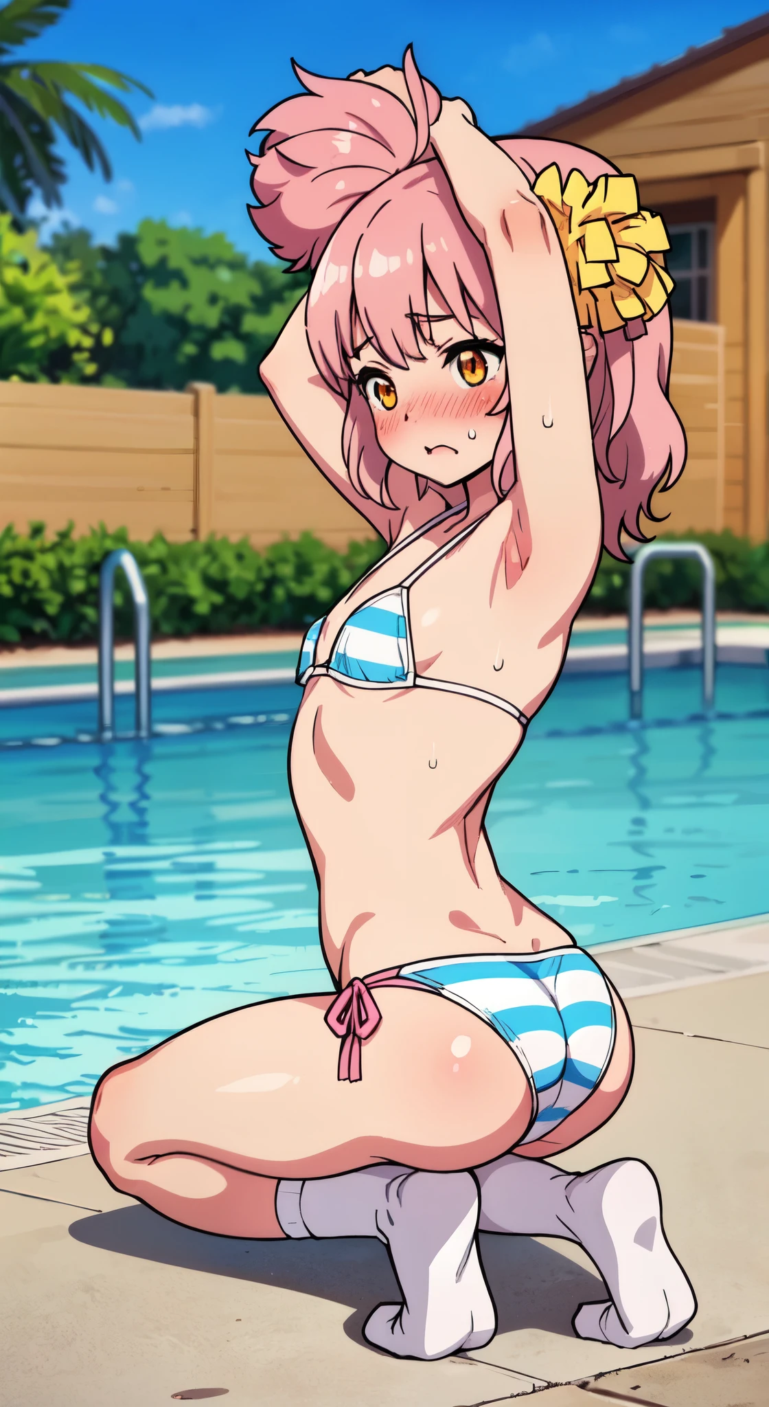 (perfect body),highest quality,16k,((((()))))、(((NSFW)))、Mating Press、sex、Bikinis aside、(((bukkake)))、(((((blush))))),(A wavy mouth)、((I'm worried))、(close your eyes)、embarrassing,(short hair), (((orange eyes))),((((pink hair)))),(Sweat),((())),((((wavy hair)))),Ahoge,Valletta,(white knee socks),((big ass)),(obesity)、((Cheerleader))、((Comes with a yellow pompom))、(((light blue striped bikini)))、(((((flat chest)))))、(((thick thighs)))、armpit、((legs spread))、kneel down、(((((he is short)))))、Poolside、