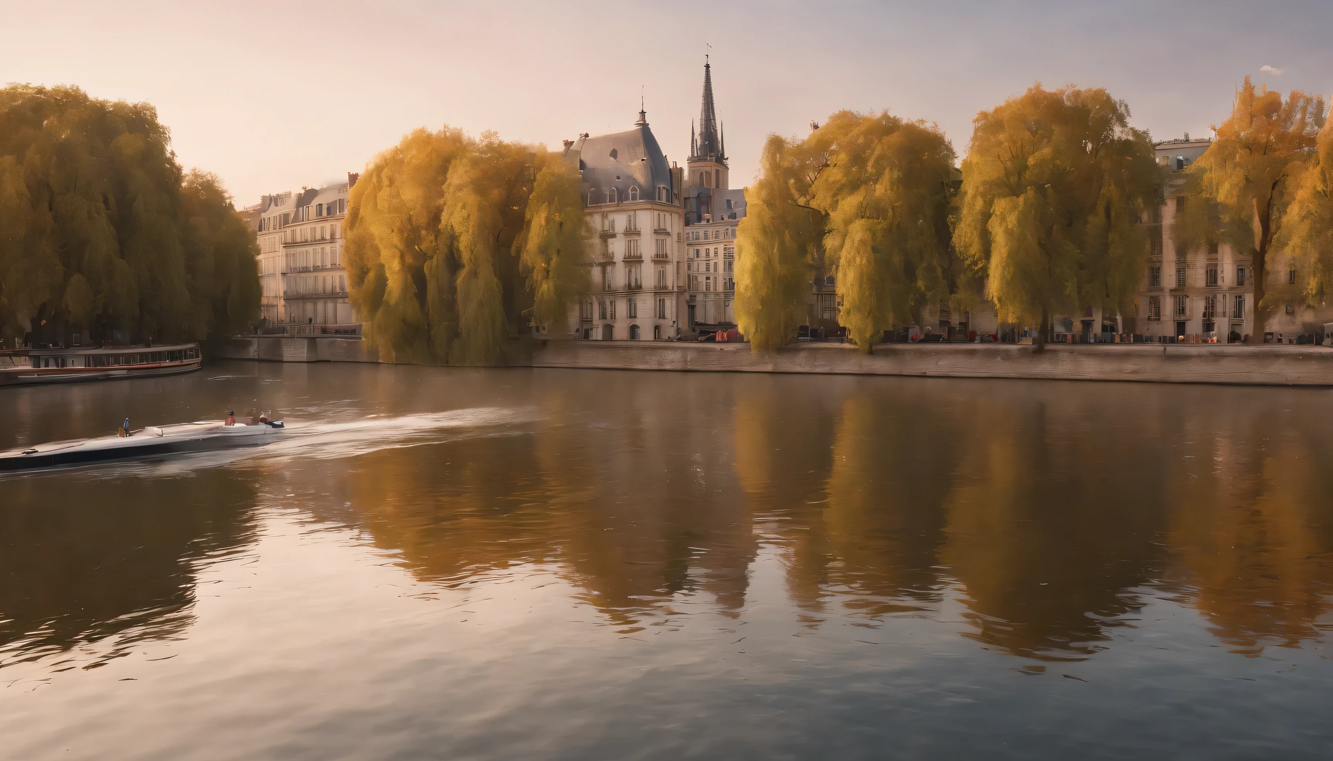 (Highly detailed CG Unity 8k wallpaper、masterpiece、highest quality、Super detailed)、(best lighting、best shadow、very delicate and beautiful)、highest quality、8k、Detailed facial depiction、masterpiece、highest quality、clear image quality、
Sunset on the Seine River in Paris, France。