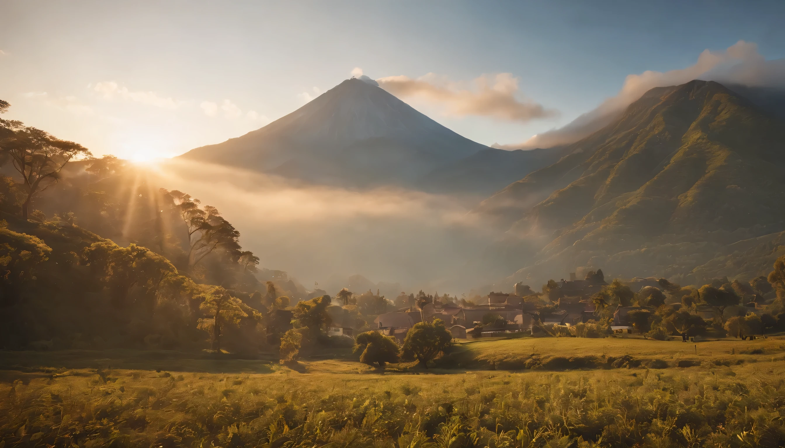 (Highly detailed CG Unity 8k wallpaper、masterpiece、highest quality、Super detailed)、(best lighting、best shadow、very delicate and beautiful)、highest quality、8k、Detailed facial depiction、masterpiece、highest quality、clear image quality、
guatemala landscape'Chichicastenango volcano glowing red in the sunset。