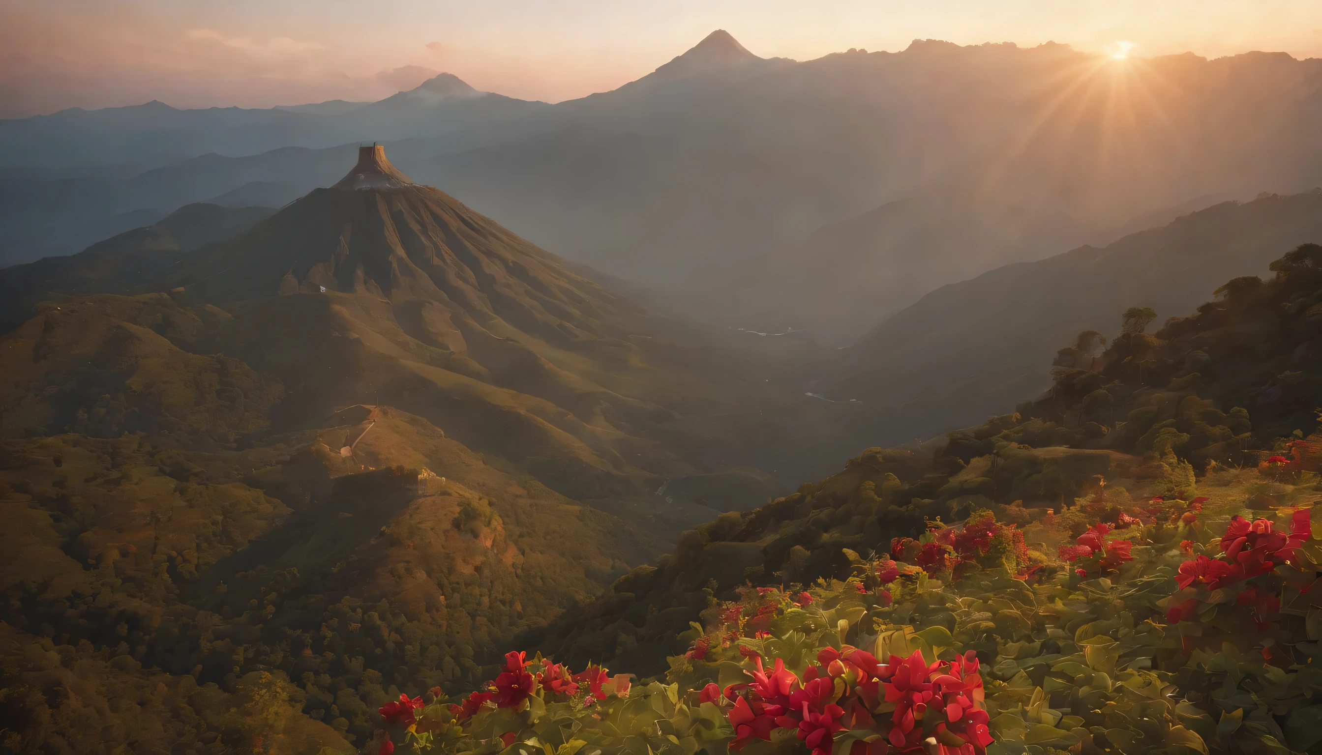 (Highly detailed CG Unity 8k wallpaper、masterpiece、highest quality、Super detailed)、(best lighting、best shadow、very delicate and beautiful)、highest quality、8k、Detailed facial depiction、masterpiece、highest quality、clear image quality、
guatemala landscape'Chichicastenango volcano glowing red in the sunset。