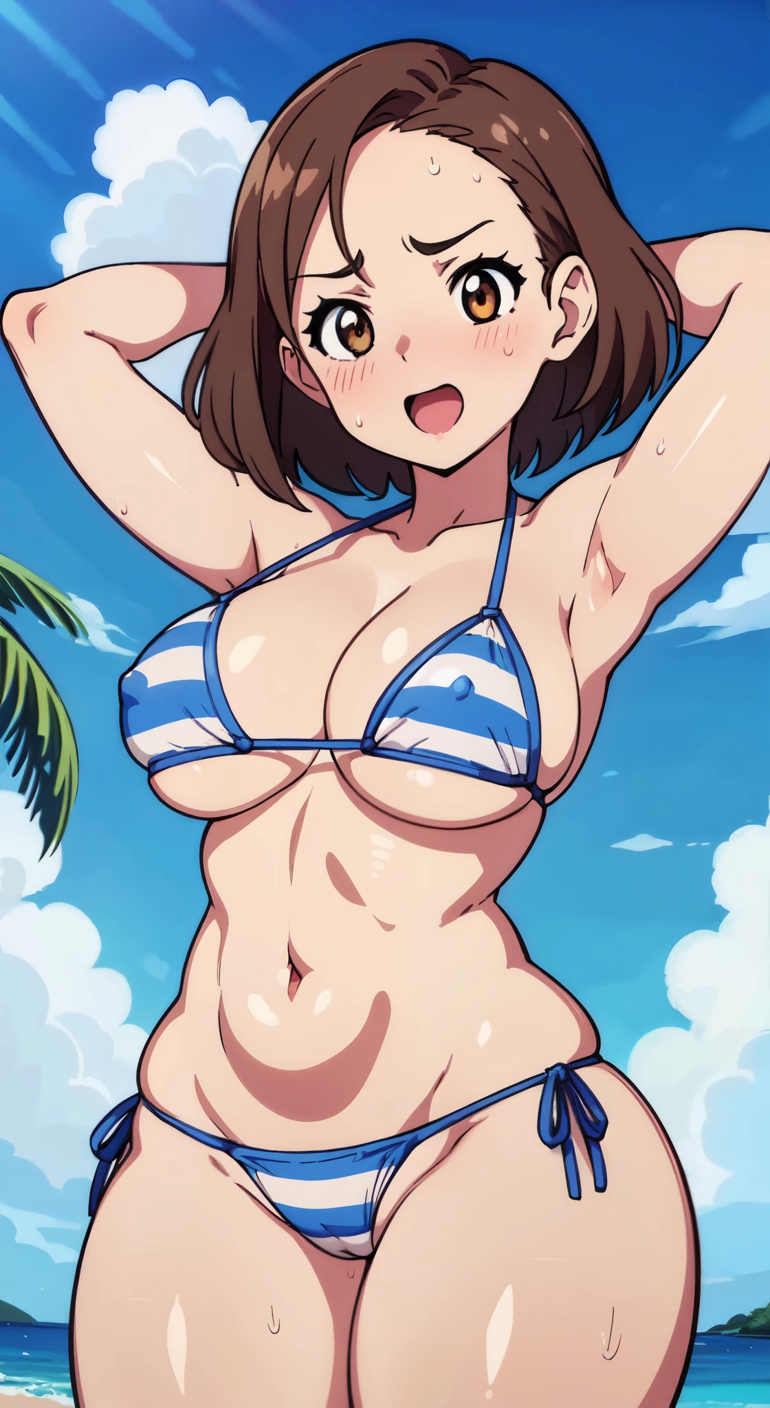 (Close-up、16k、highest quality、high detail、rich skin details、nffsw、anime screen capture)、(NSFW)、Watch anywhere、obedience、mature woman、:D、(((((surprised)))))、wavy mouth、Sweat、((very big breasts))、parted bangs、(Blue Stripe Bikini)、(swollen nipples)、(Bikinis aside)、mature woman、brown haired、brown eyes、(short hair)、((Forehead))、blushed、(((((embarrassing)))))、((((big ass))))、(thick thighs)、armpit、(hands behind head)、(look away)、beach