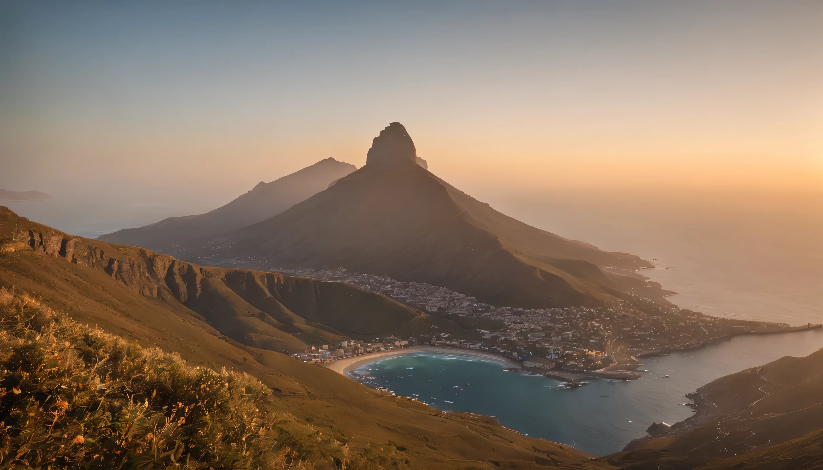 (Highly detailed CG Unity 8k wallpaper、masterpiece、highest quality、Super detailed)、(best lighting、best shadow、very delicate and beautiful)、highest quality、8k、Detailed facial depiction、masterpiece、highest quality、clear image quality、
View of Table Mountain in Cape Town, sunset in south africa。