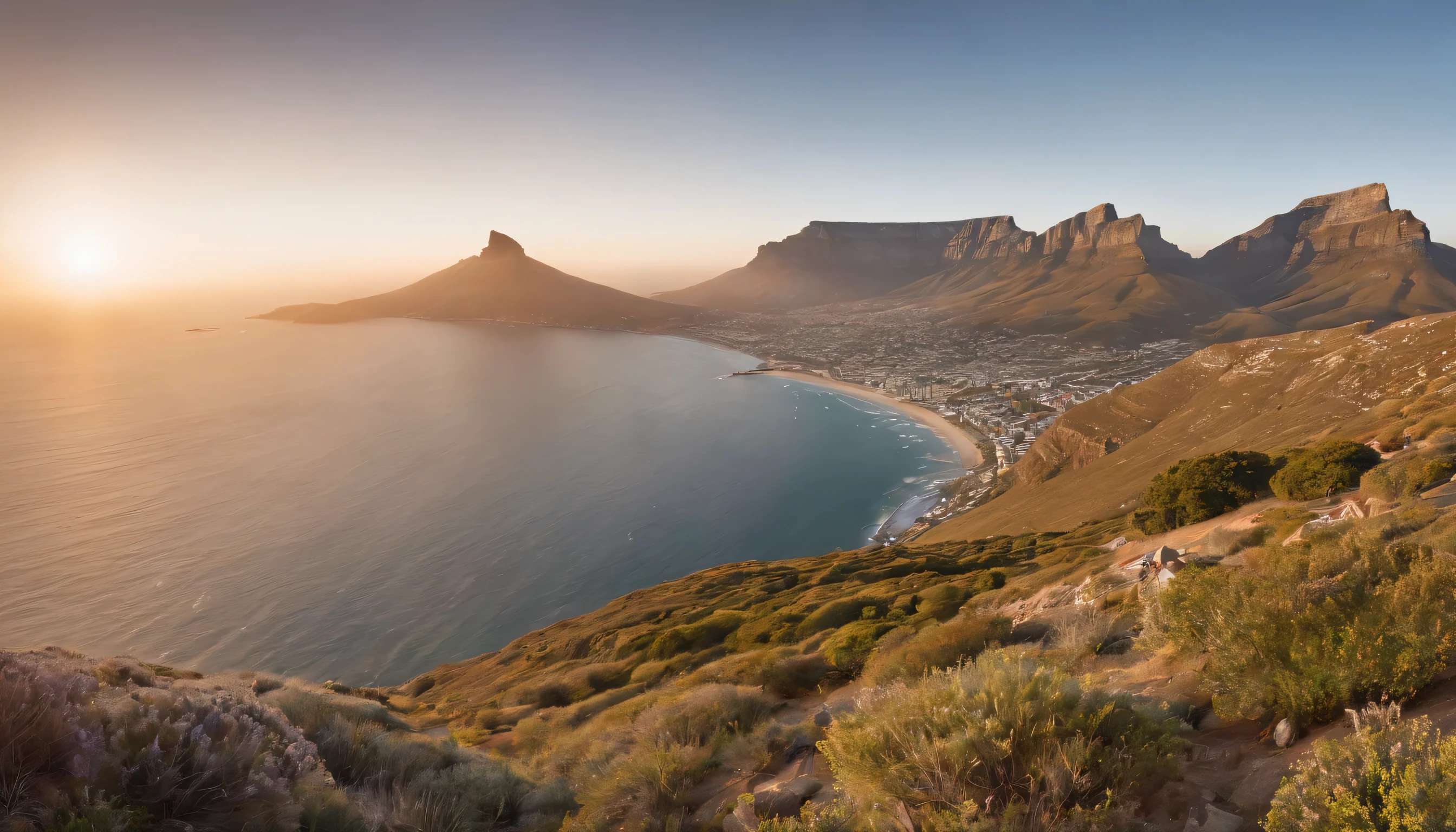 (Highly detailed CG Unity 8k wallpaper、masterpiece、highest quality、Super detailed)、(best lighting、best shadow、very delicate and beautiful)、highest quality、8k、Detailed facial depiction、masterpiece、highest quality、clear image quality、
View of Table Mountain in Cape Town, sunset in south africa。