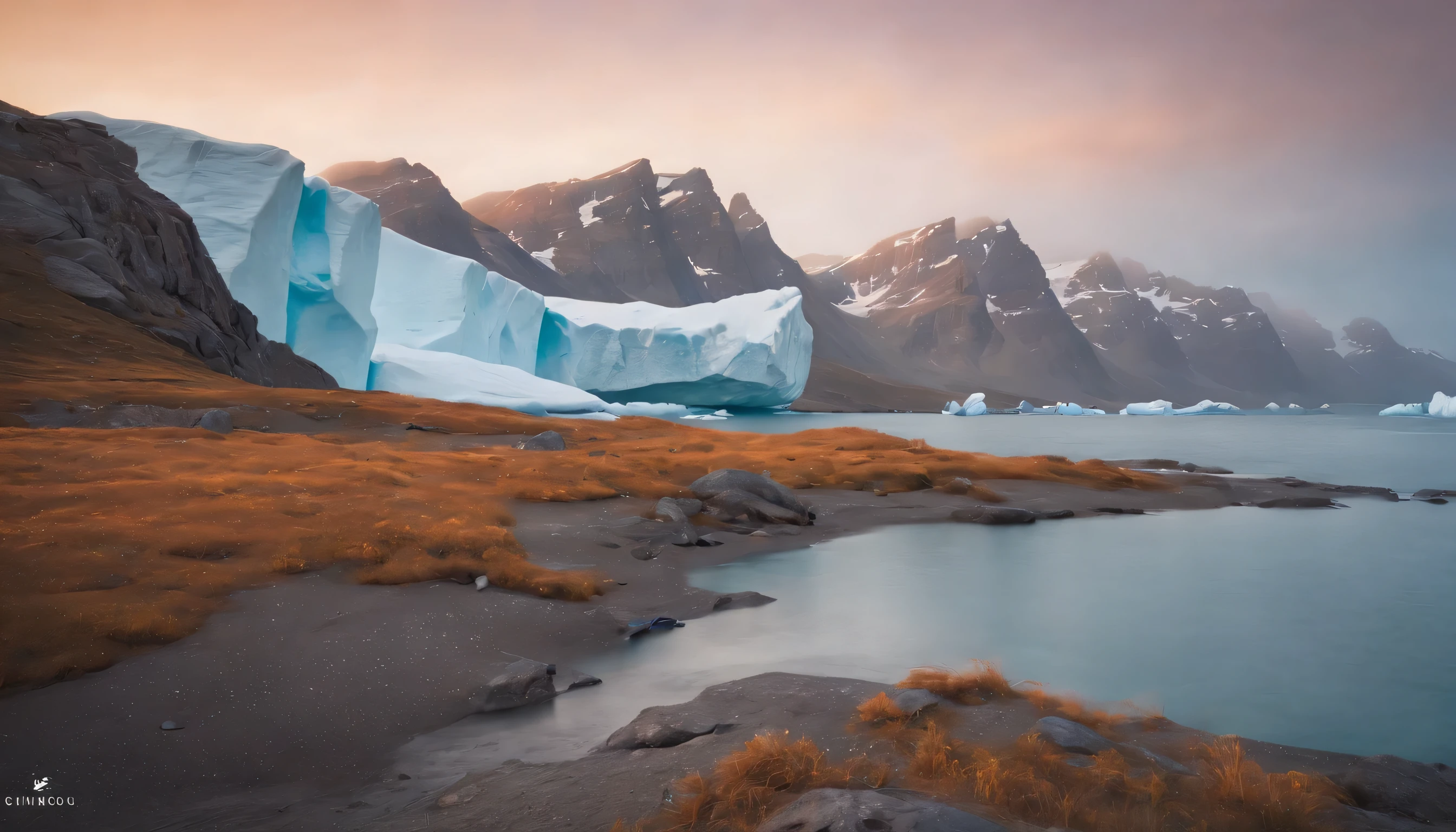 (Highly detailed CG Unity 8k wallpaper、masterpiece、highest quality、Super detailed)、(best lighting、best shadow、very delicate and beautiful)、highest quality、8k、Detailed facial depiction、masterpiece、highest quality、clear image quality、
Sunset landscape with orange icebergs in Greenland。