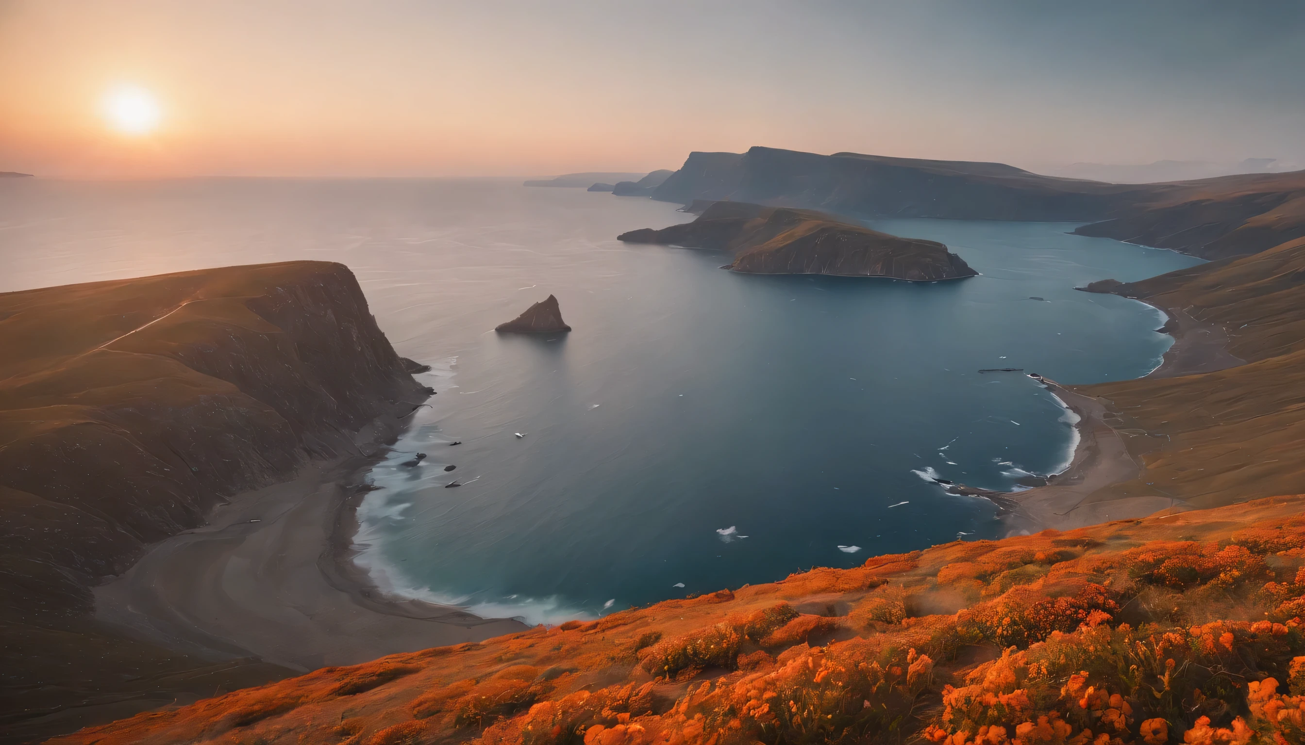 (Highly detailed CG Unity 8k wallpaper、masterpiece、highest quality、Super detailed)、(best lighting、best shadow、very delicate and beautiful)、highest quality、8k、Detailed facial depiction、masterpiece、highest quality、clear image quality、
Sunset landscape with orange icebergs in Greenland。