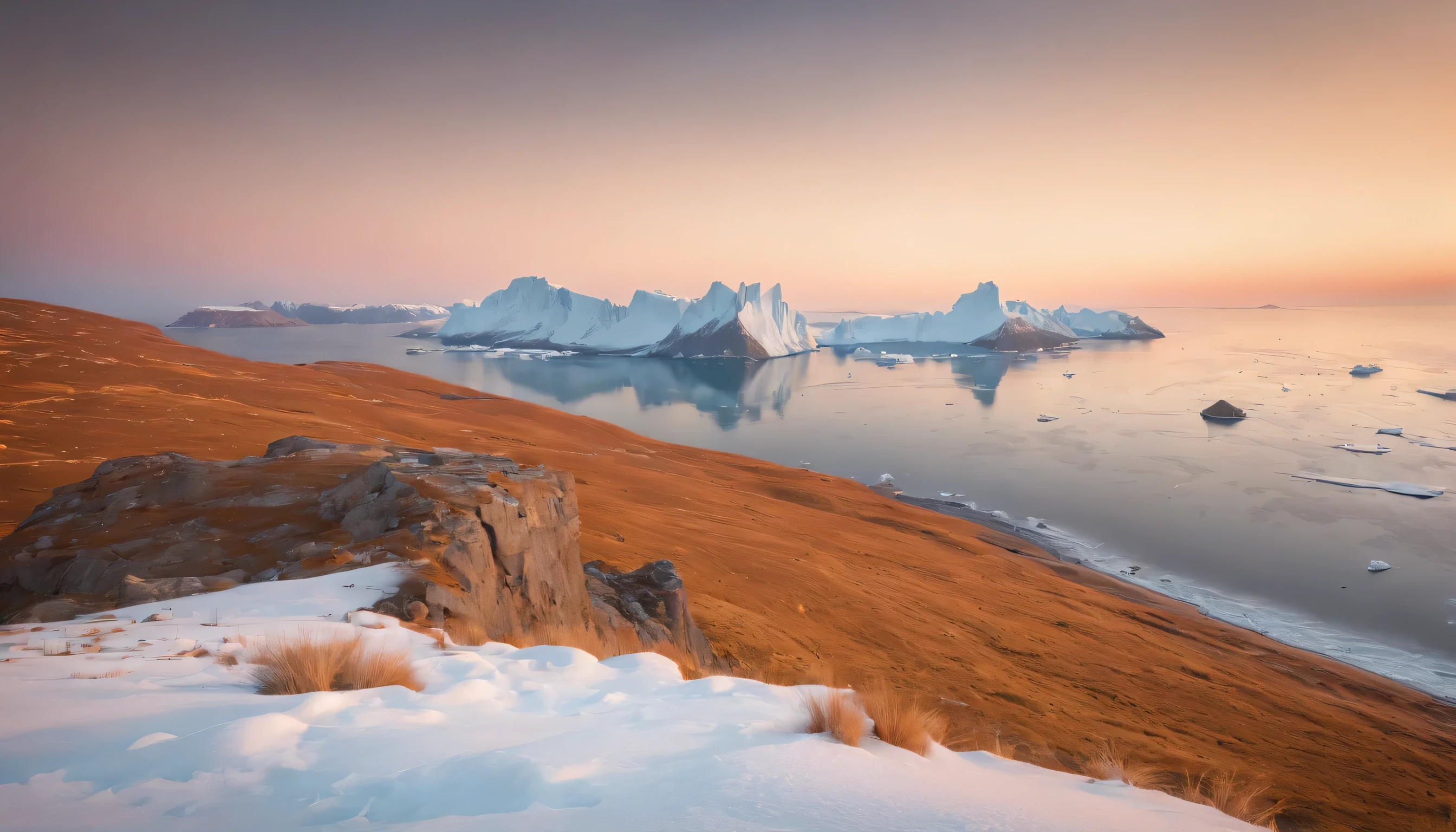 (Highly detailed CG Unity 8k wallpaper、masterpiece、highest quality、Super detailed)、(best lighting、best shadow、very delicate and beautiful)、highest quality、8k、Detailed facial depiction、masterpiece、highest quality、clear image quality、
Sunset landscape with orange icebergs in Greenland。