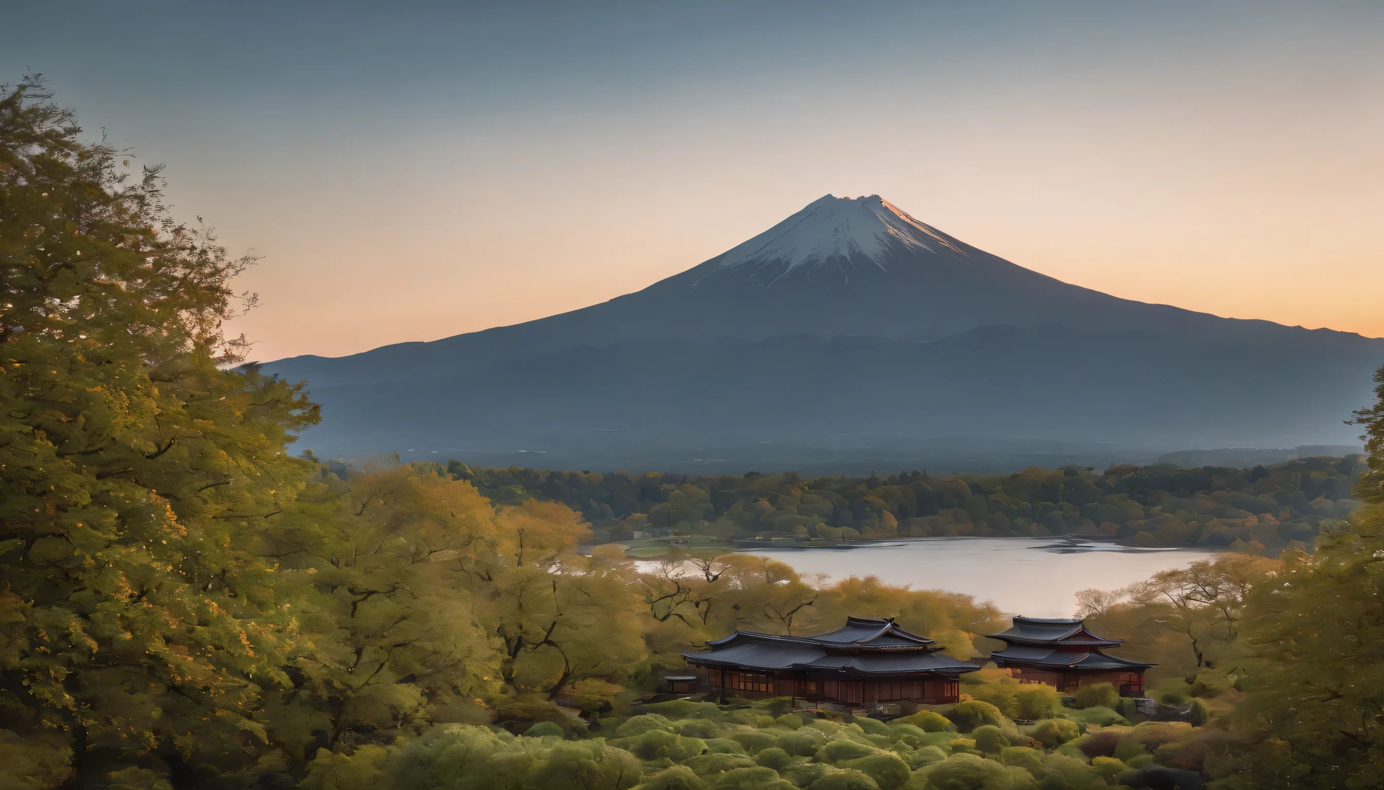 (Highly detailed CG Unity 8k wallpaper、masterpiece、highest quality、Super detailed)、(best lighting、best shadow、very delicate and beautiful)、highest quality、8k、Detailed facial depiction、masterpiece、highest quality、clear image quality、
japanese landscape's mountain. Mt. Fuji reflected in the sunset。