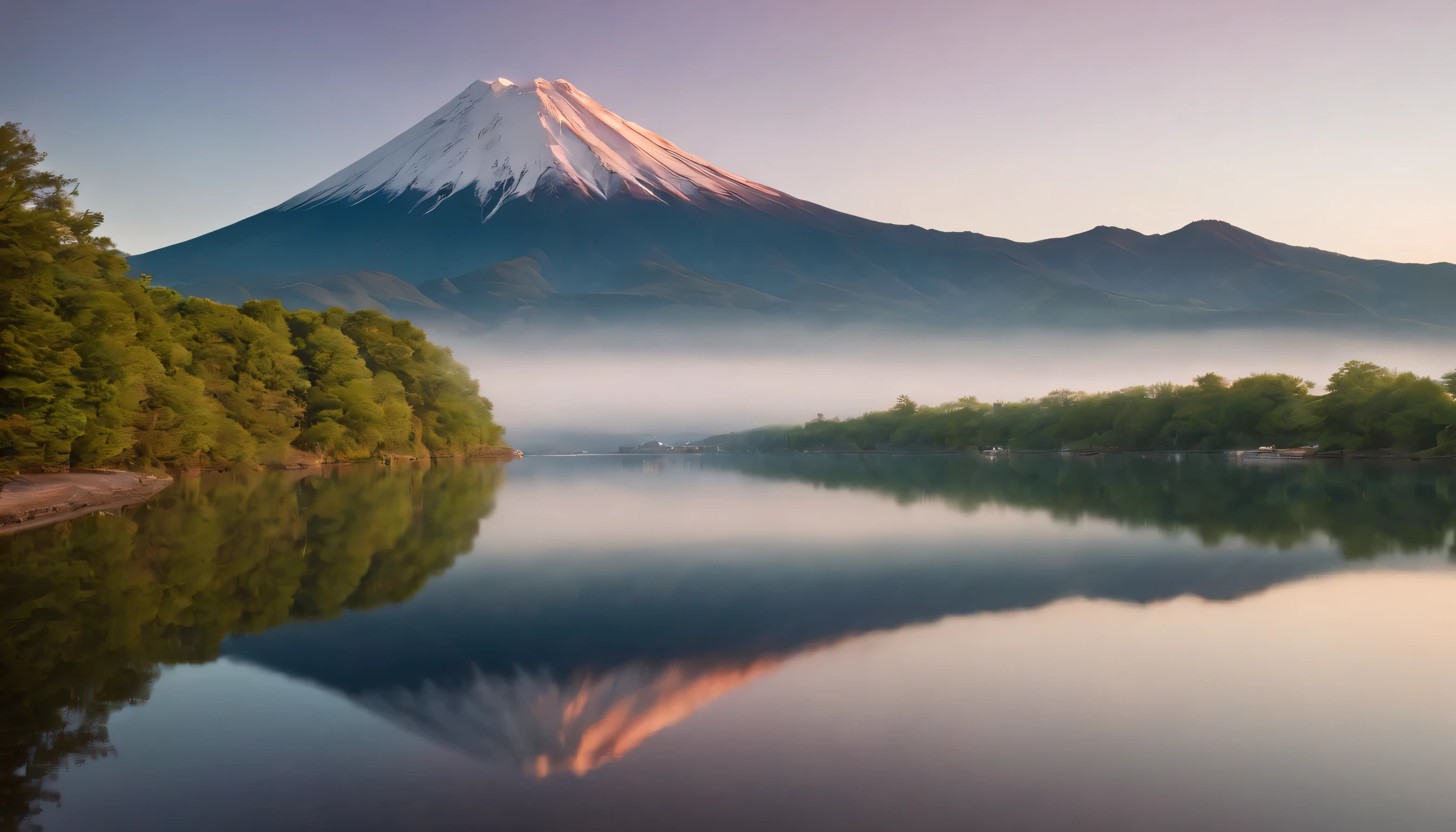 (Highly detailed CG Unity 8k wallpaper、masterpiece、highest quality、Super detailed)、(best lighting、best shadow、very delicate and beautiful)、highest quality、8k、Detailed facial depiction、masterpiece、highest quality、clear image quality、
japanese landscape&#39;s mountain. Mt. Fuji reflected in the sunset。